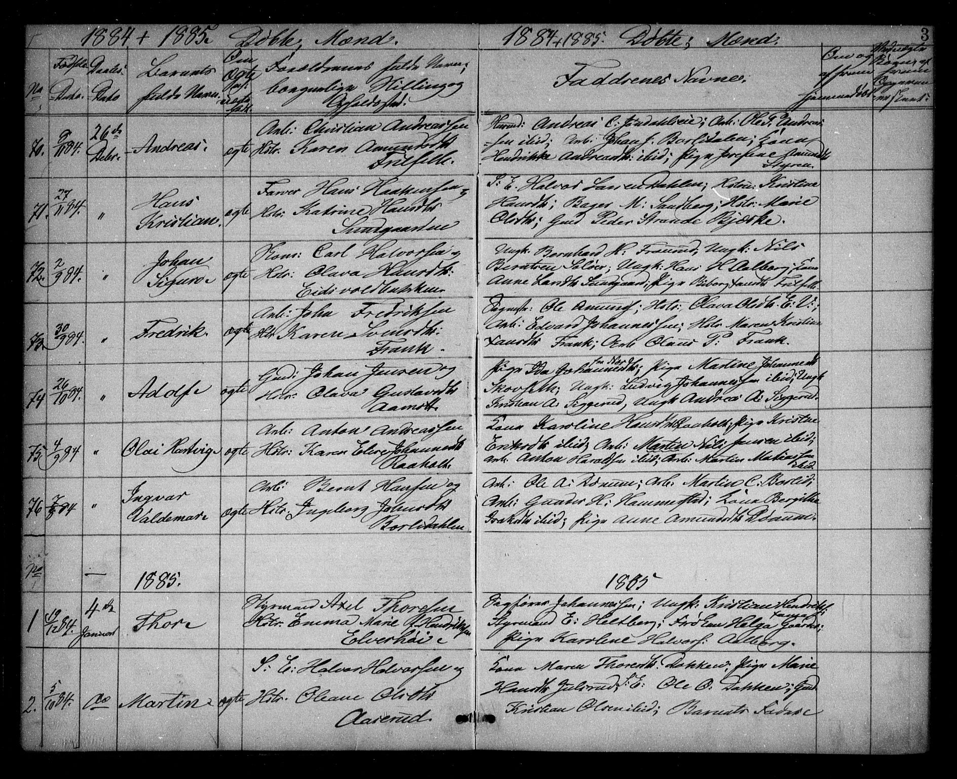 Eidsvoll prestekontor Kirkebøker, AV/SAO-A-10888/G/Ga/L0005: Parish register (copy) no. I 5, 1884-1894, p. 3