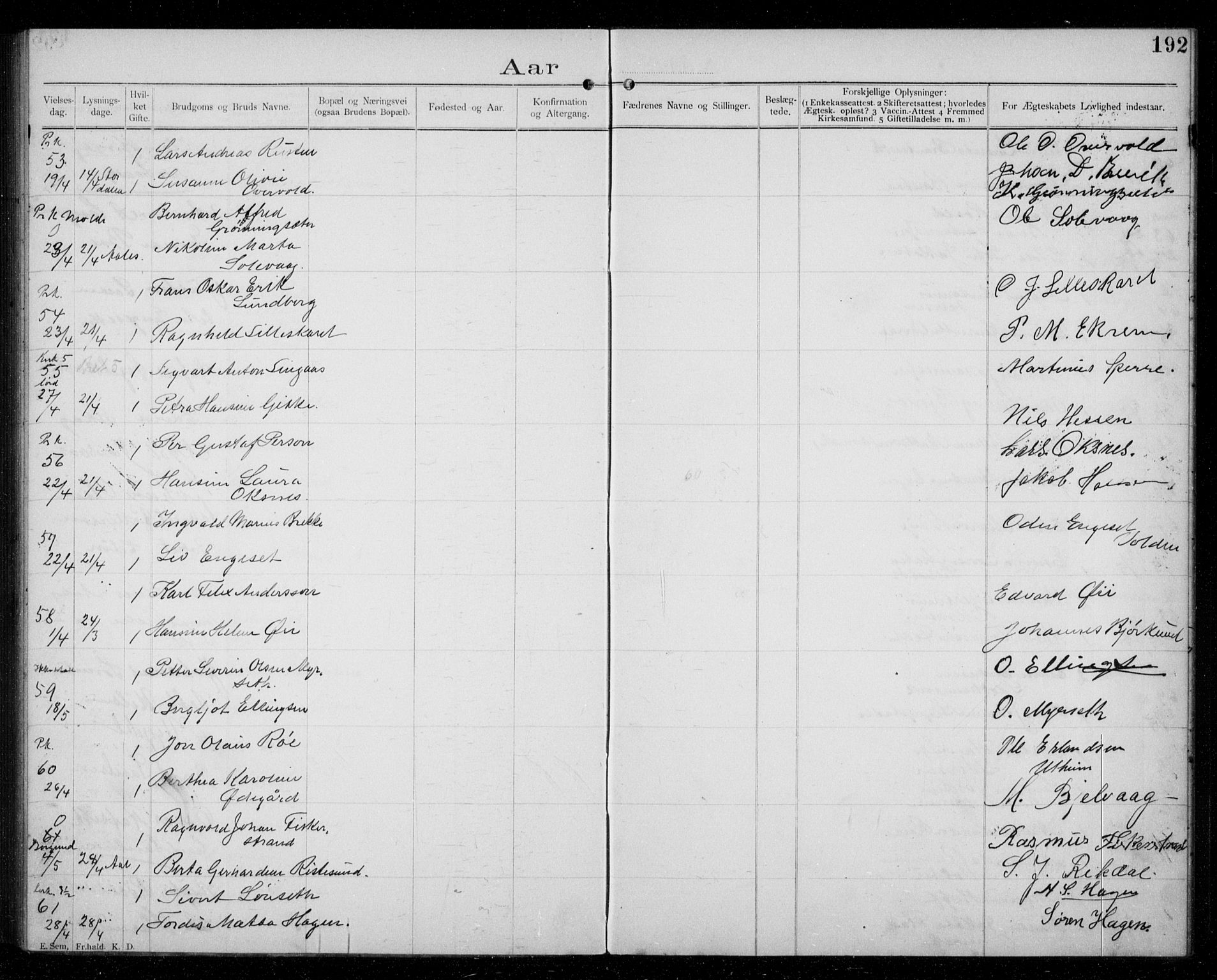 Ministerialprotokoller, klokkerbøker og fødselsregistre - Møre og Romsdal, AV/SAT-A-1454/529/L0458: Banns register no. 529A08, 1901-1918, p. 192