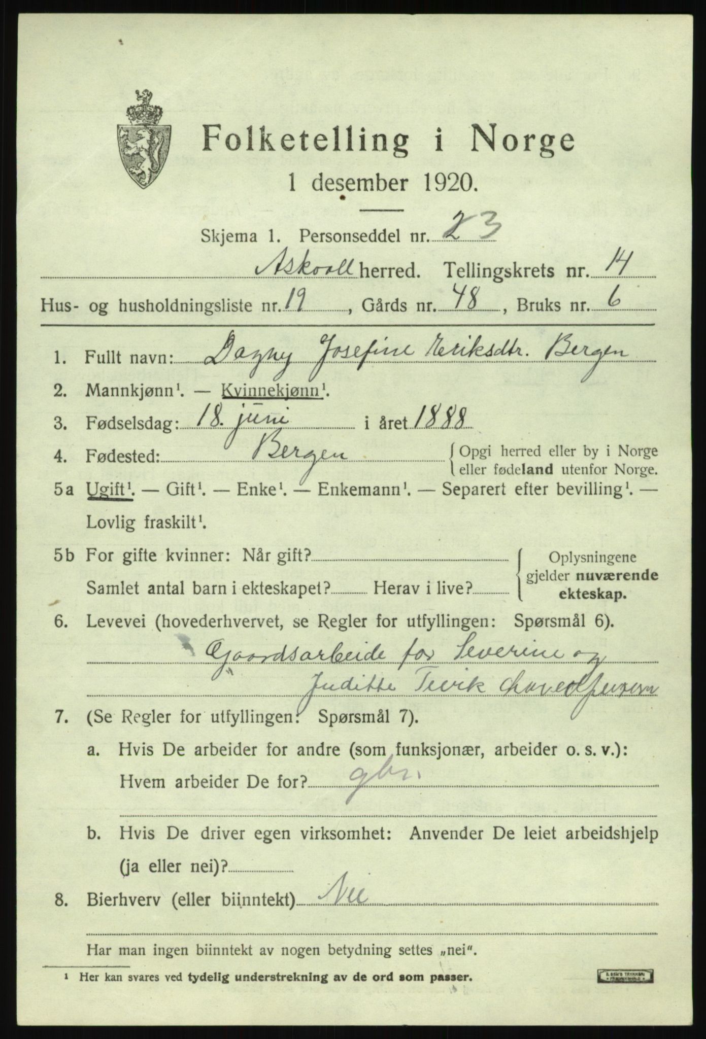 SAB, 1920 census for Askvoll, 1920, p. 5516