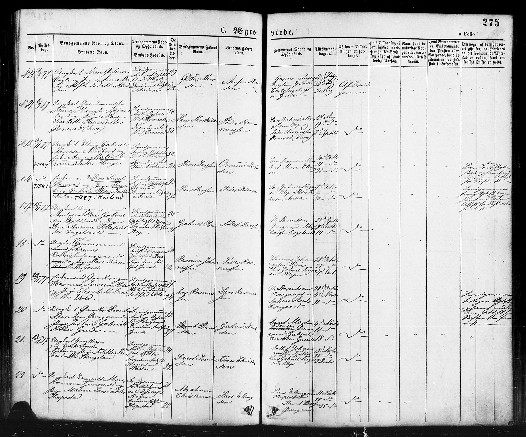 Klepp sokneprestkontor, AV/SAST-A-101803/001/3/30BA/L0006: Parish register (official) no. A 6, 1871-1885, p. 275