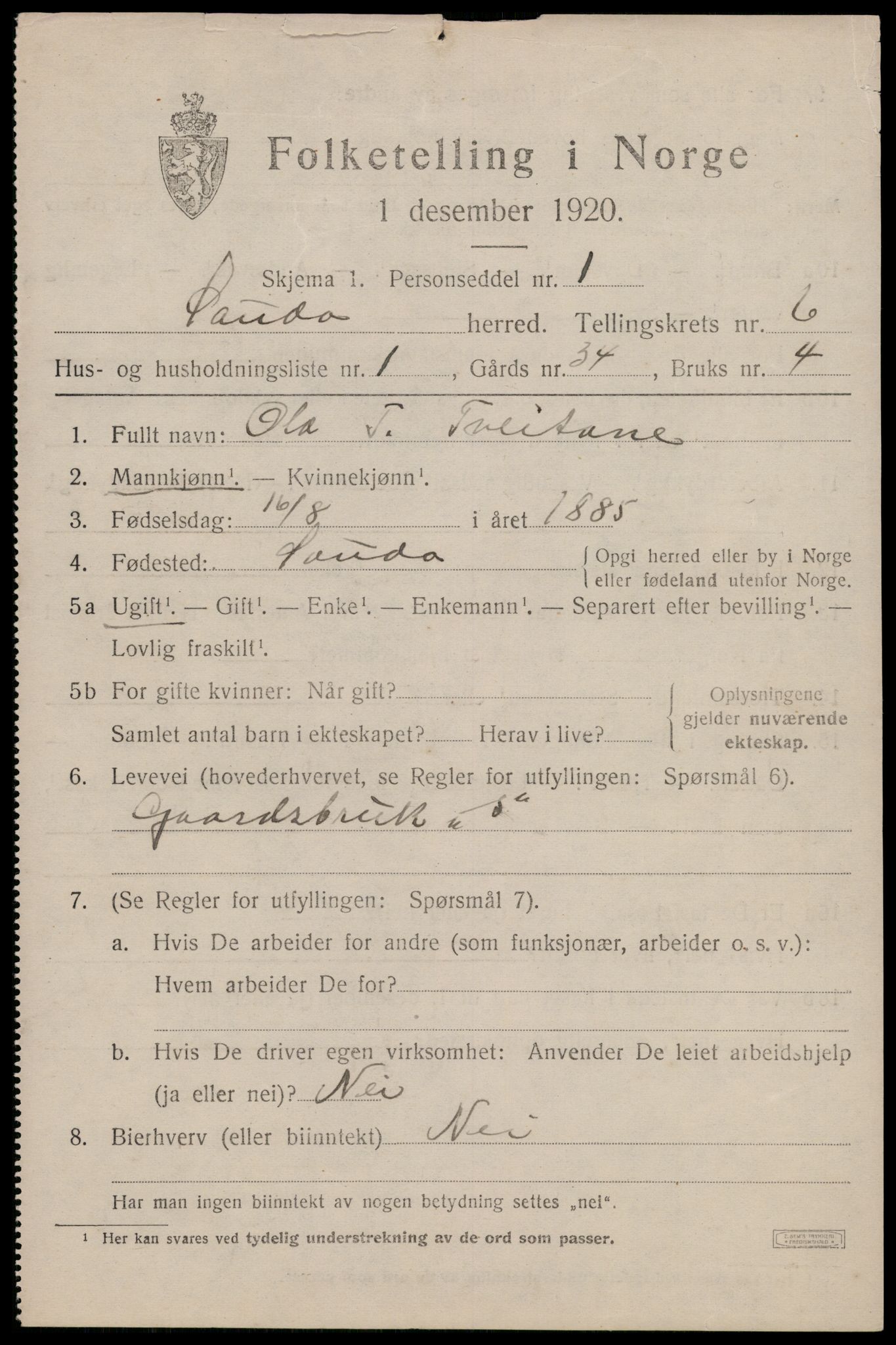 SAST, 1920 census for Sauda, 1920, p. 3716