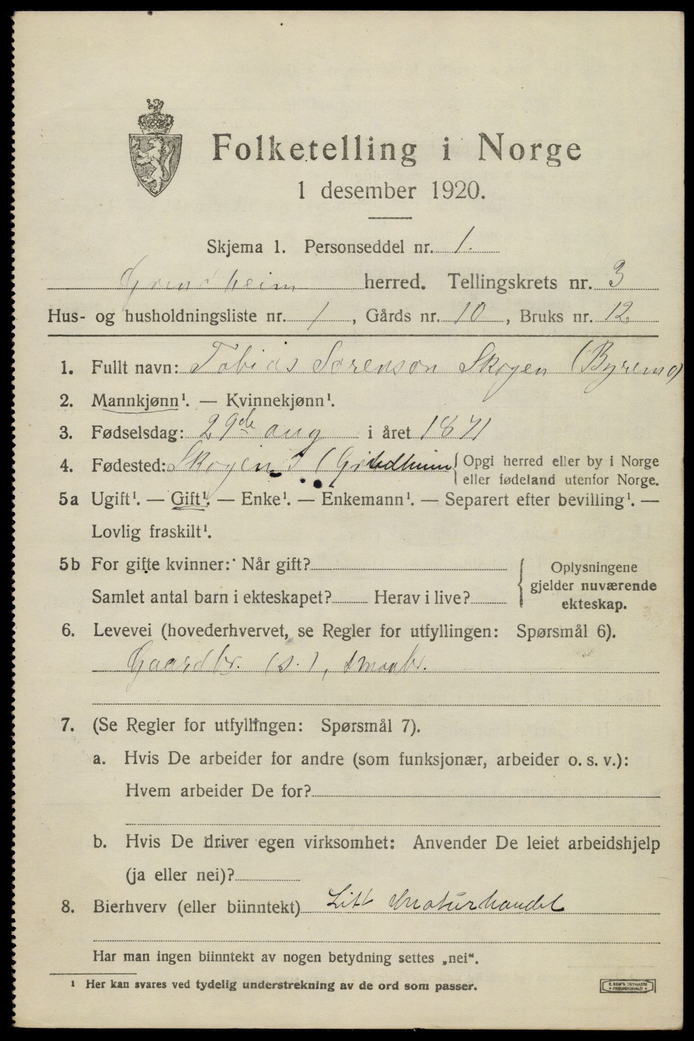 SAK, 1920 census for Grindheim, 1920, p. 889