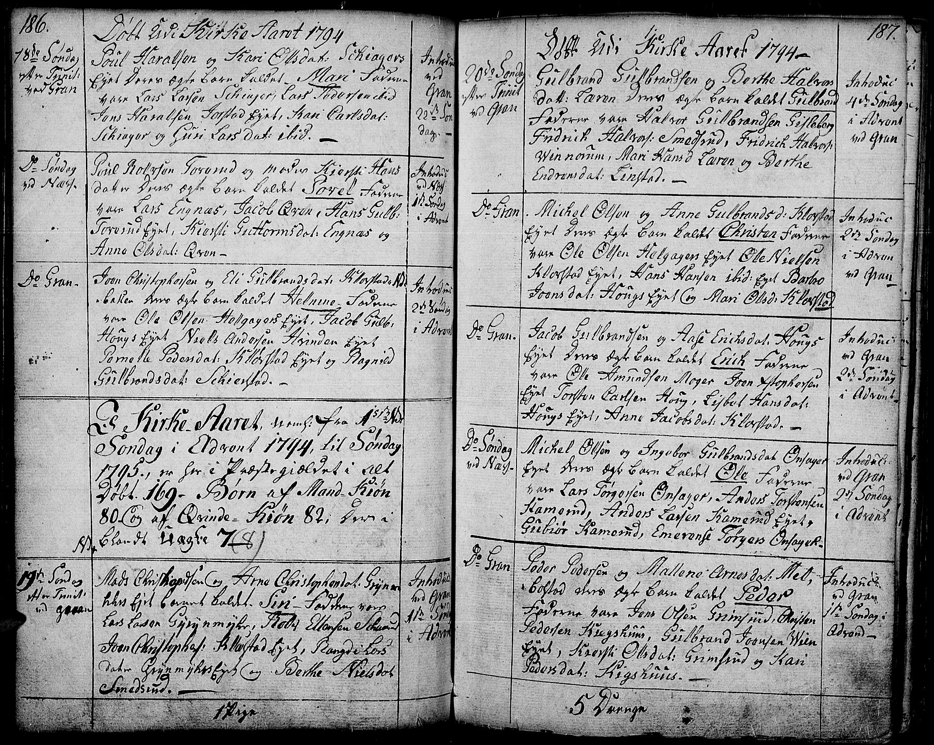 Gran prestekontor, SAH/PREST-112/H/Ha/Haa/L0006: Parish register (official) no. 6, 1787-1824, p. 186-187