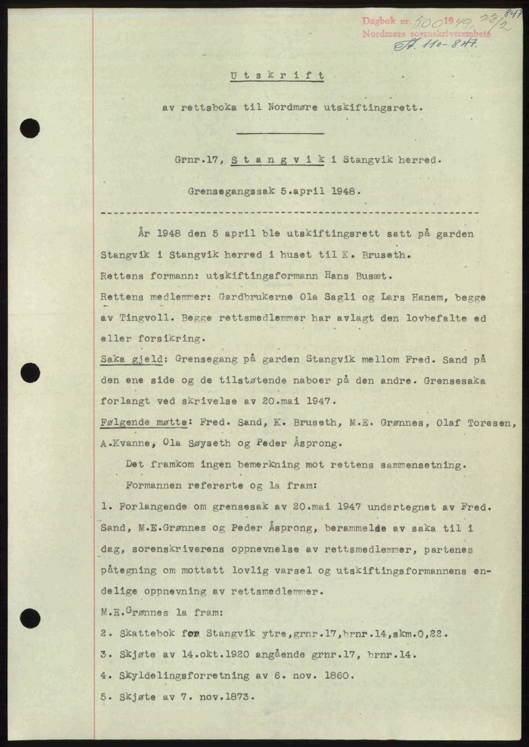 Nordmøre sorenskriveri, AV/SAT-A-4132/1/2/2Ca: Mortgage book no. A110, 1948-1949, Diary no: : 500/1949