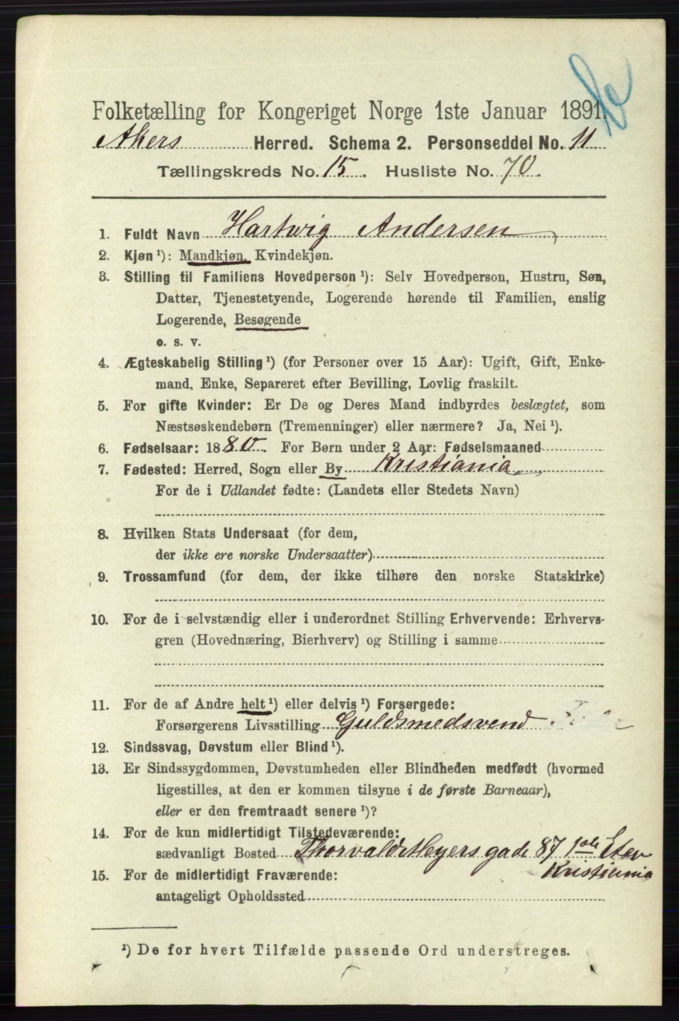 RA, 1891 census for 0218 Aker, 1891, p. 13909