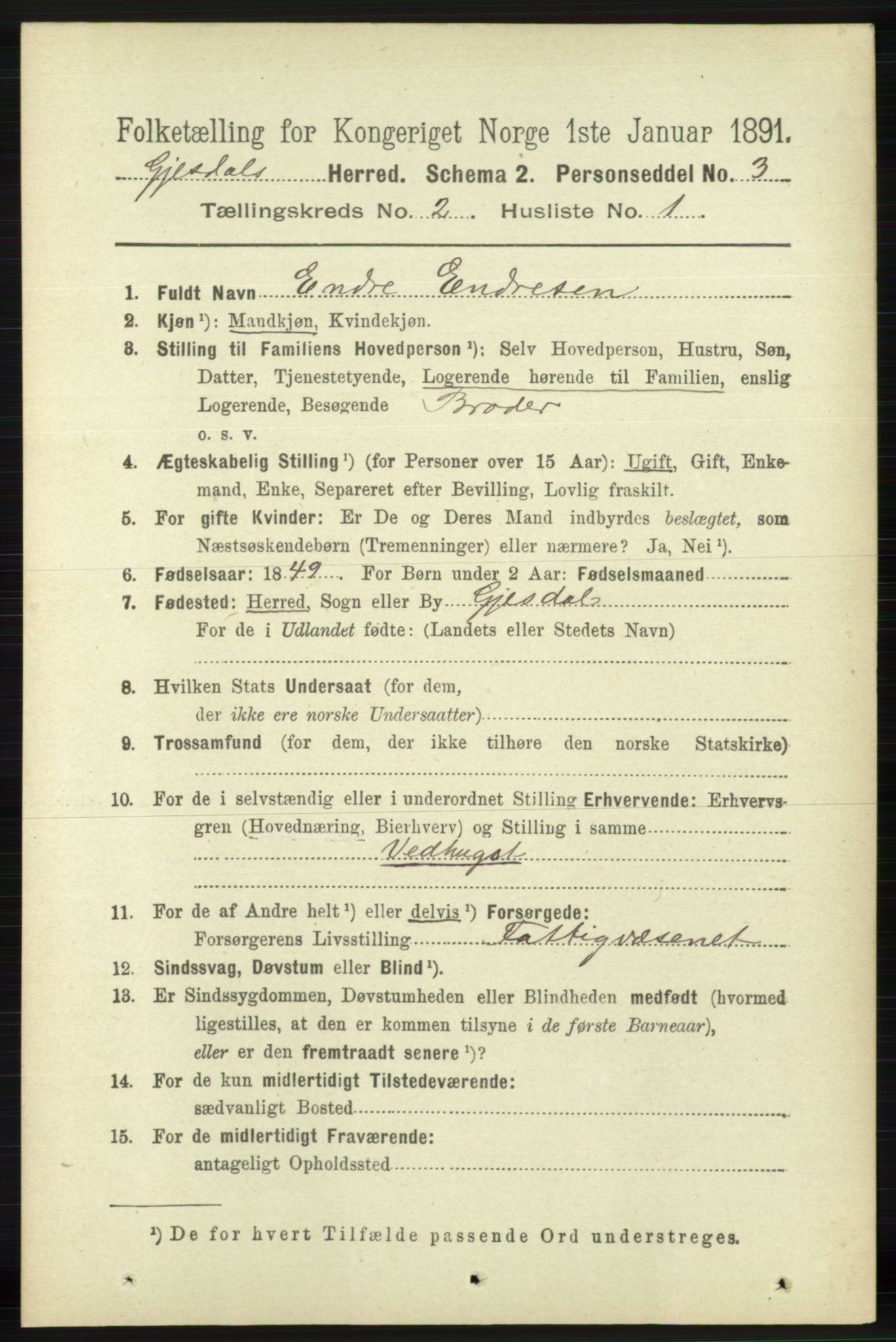 RA, 1891 census for 1122 Gjesdal, 1891, p. 385