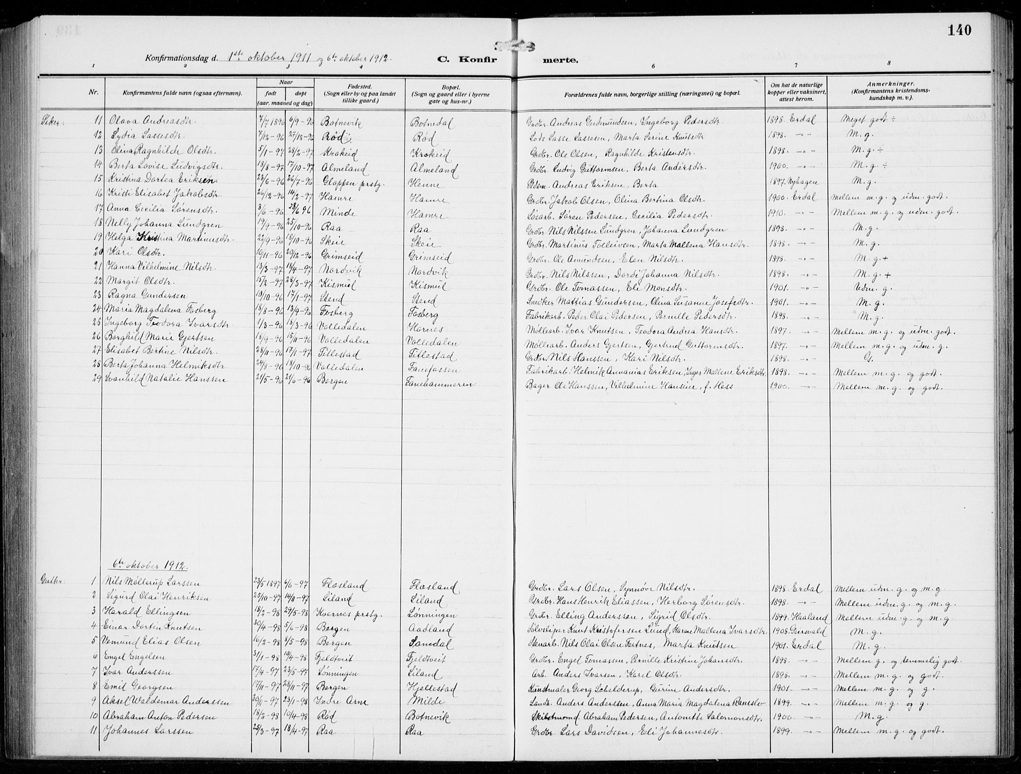 Fana Sokneprestembete, SAB/A-75101/H/Hab/Haba/L0005: Parish register (copy) no. A 5, 1911-1932, p. 140