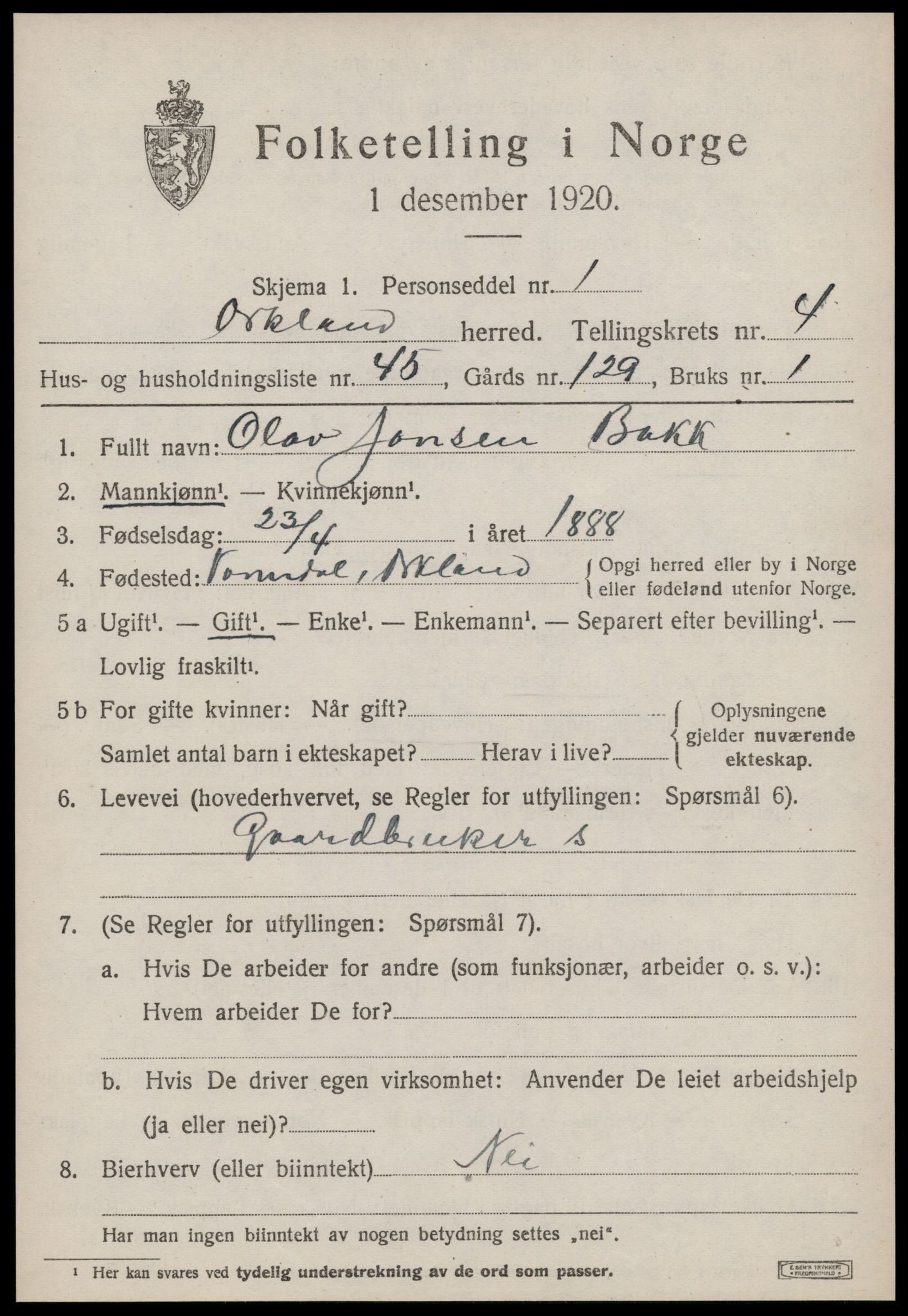 SAT, 1920 census for Orkland, 1920, p. 3816