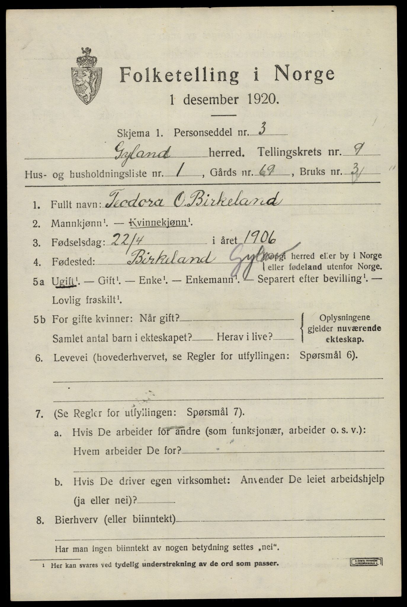 SAK, 1920 census for Gyland, 1920, p. 1986