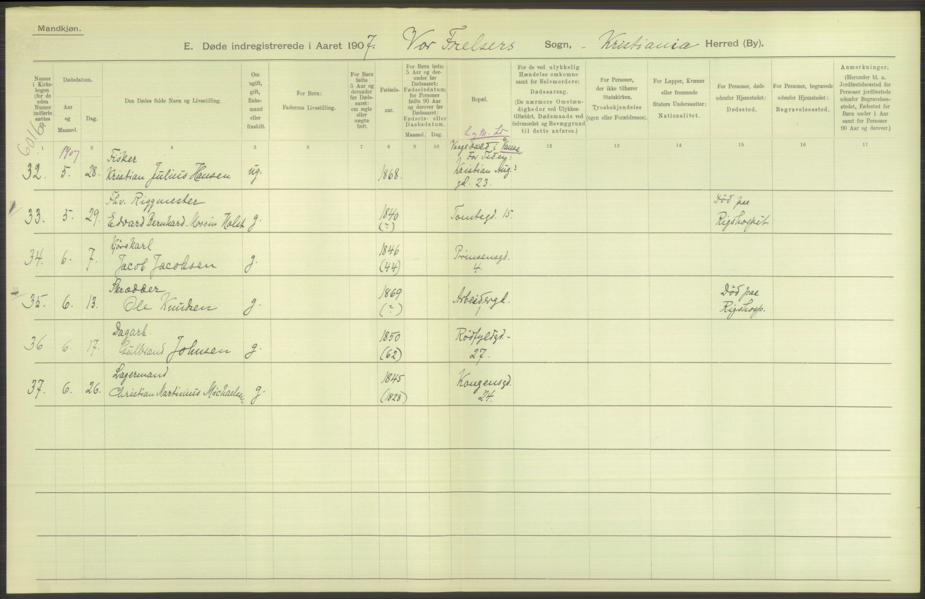 Statistisk sentralbyrå, Sosiodemografiske emner, Befolkning, AV/RA-S-2228/D/Df/Dfa/Dfae/L0010: Kristiania: Døde, dødfødte, 1907, p. 420