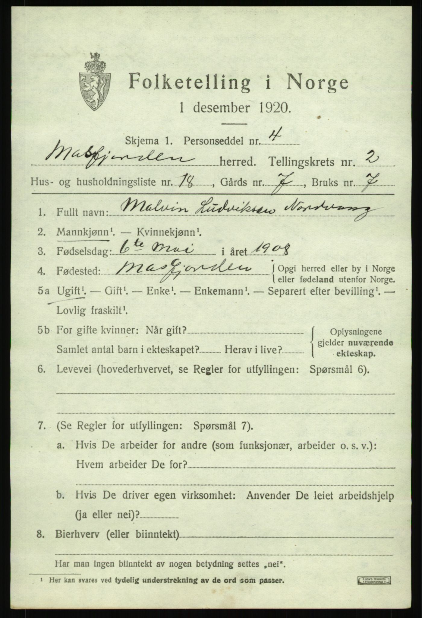 SAB, 1920 census for Masfjorden, 1920, p. 1249