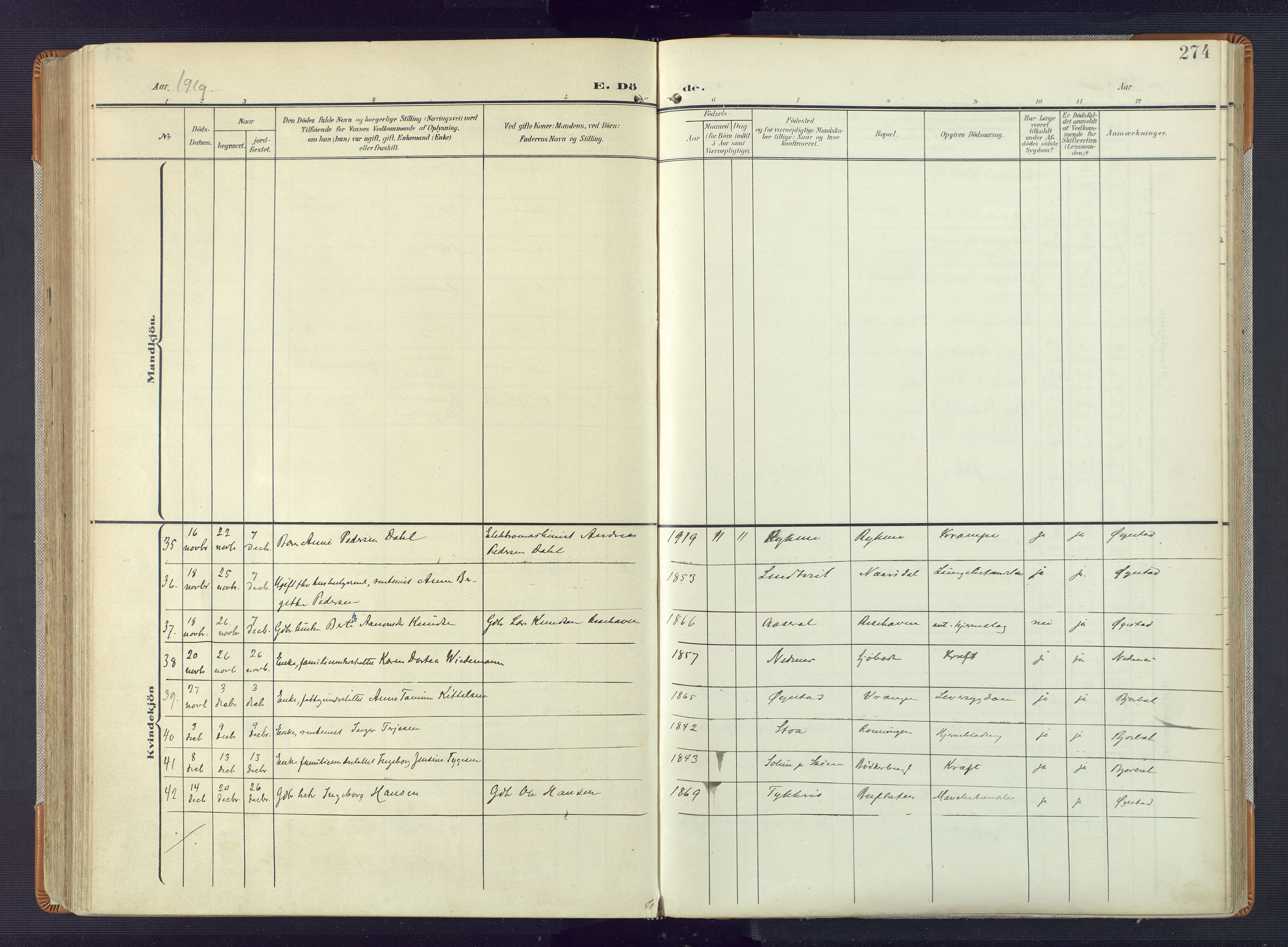 Øyestad sokneprestkontor, AV/SAK-1111-0049/F/Fa/L0019: Parish register (official) no. A 19, 1908-1922, p. 274