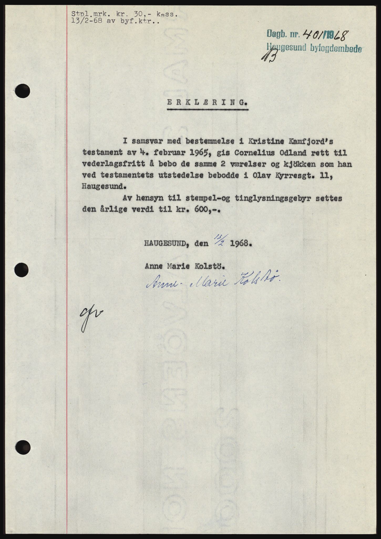 Haugesund tingrett, SAST/A-101415/01/II/IIC/L0058: Mortgage book no. B 58, 1967-1968, Diary no: : 401/1968