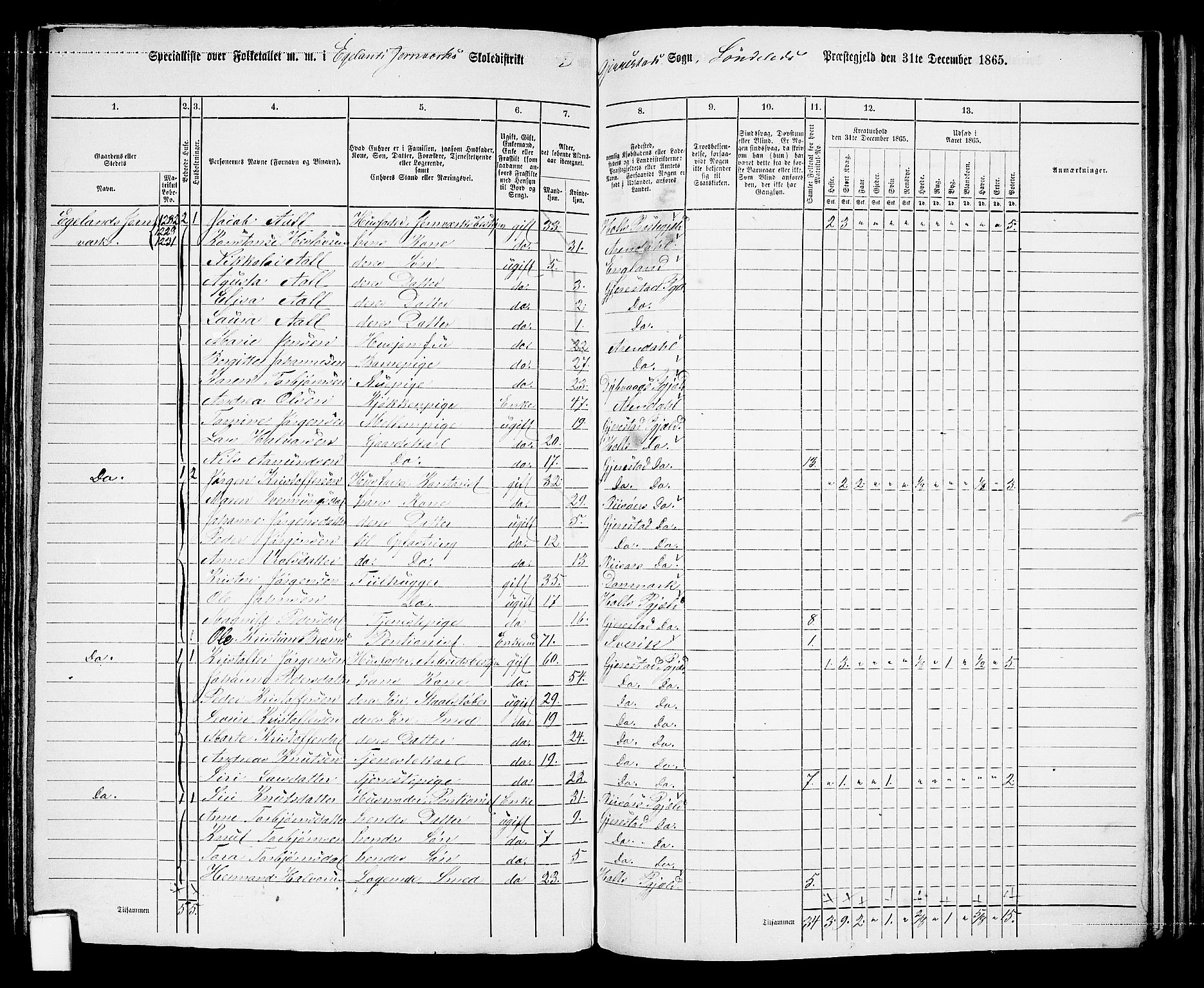 RA, 1865 census for Gjerstad, 1865, p. 122