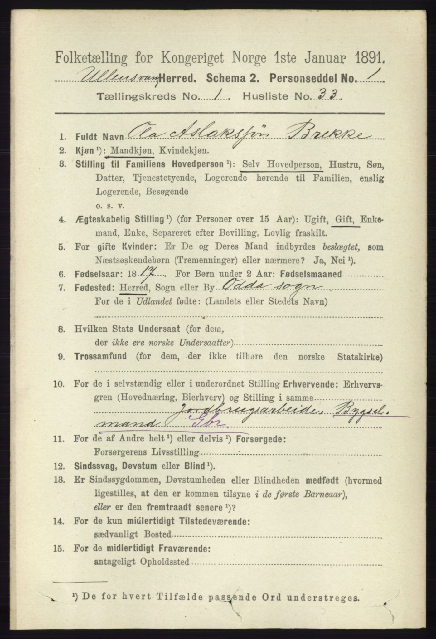 RA, 1891 census for 1230 Ullensvang, 1891, p. 278