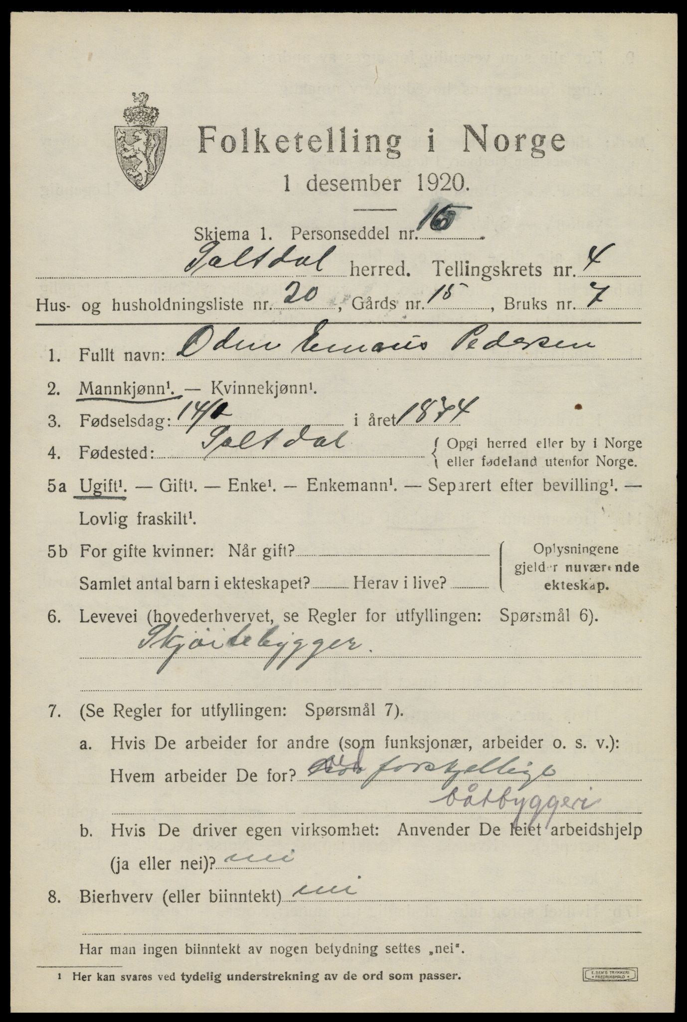 SAT, 1920 census for Saltdal, 1920, p. 5889