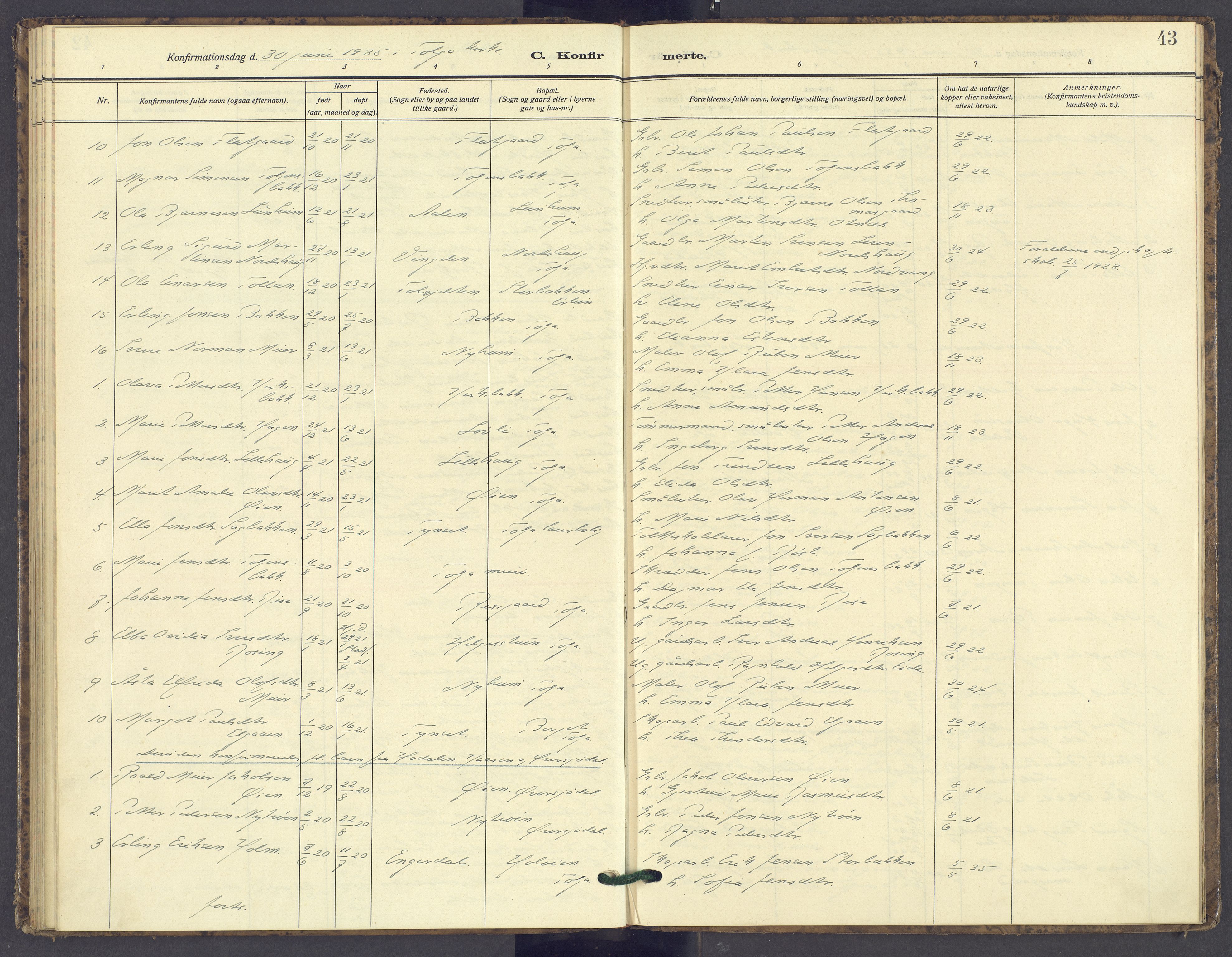 Tolga prestekontor, AV/SAH-PREST-062/K/L0016: Parish register (official) no. 16, 1908-1957, p. 43