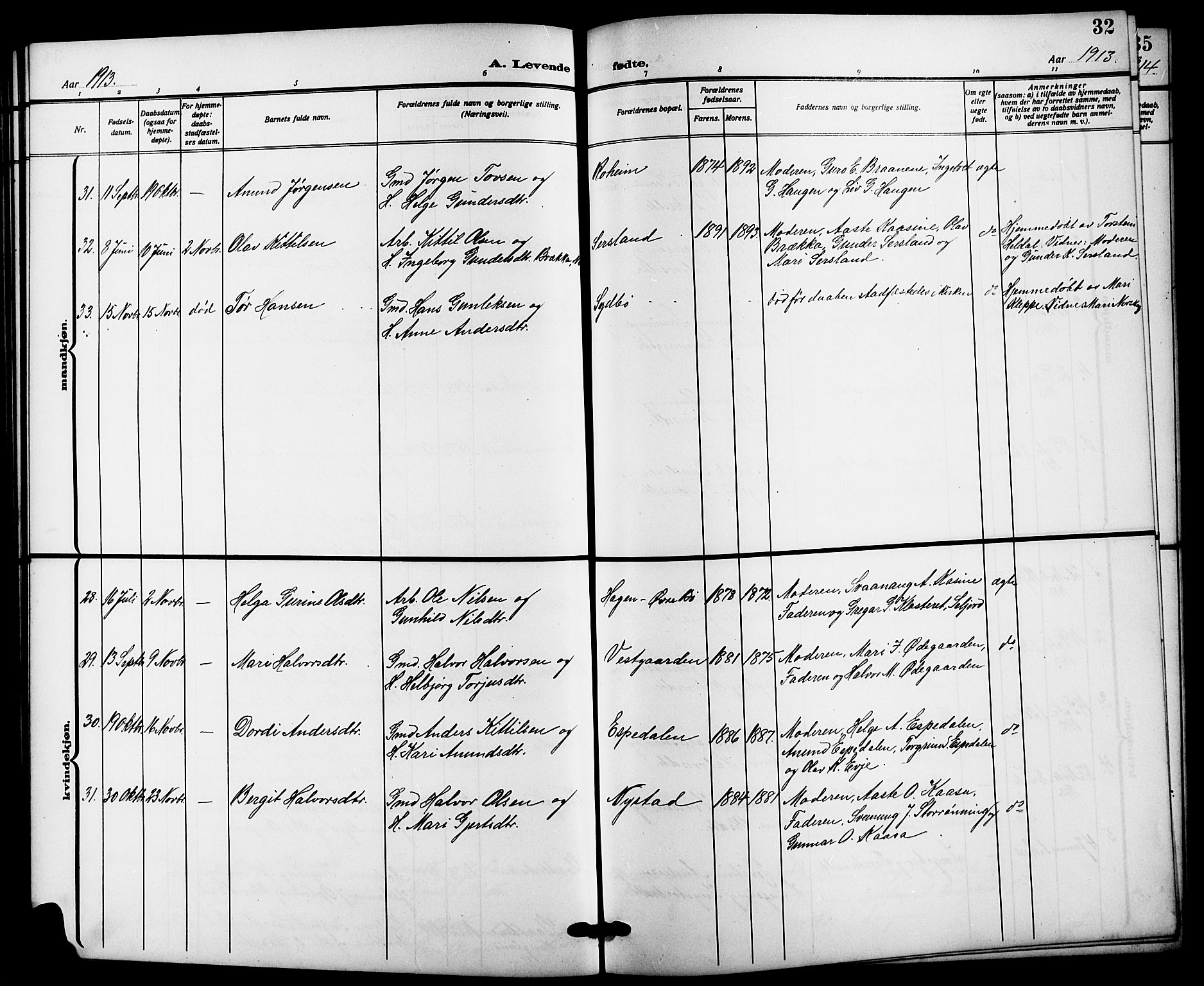 Bø kirkebøker, SAKO/A-257/G/Ga/L0007: Parish register (copy) no. 7, 1909-1924, p. 32