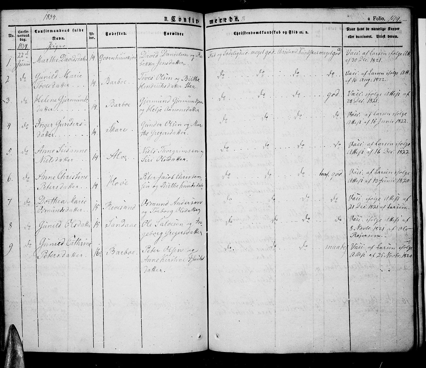 Tromøy sokneprestkontor, AV/SAK-1111-0041/F/Fa/L0003: Parish register (official) no. A 3, 1825-1837, p. 144