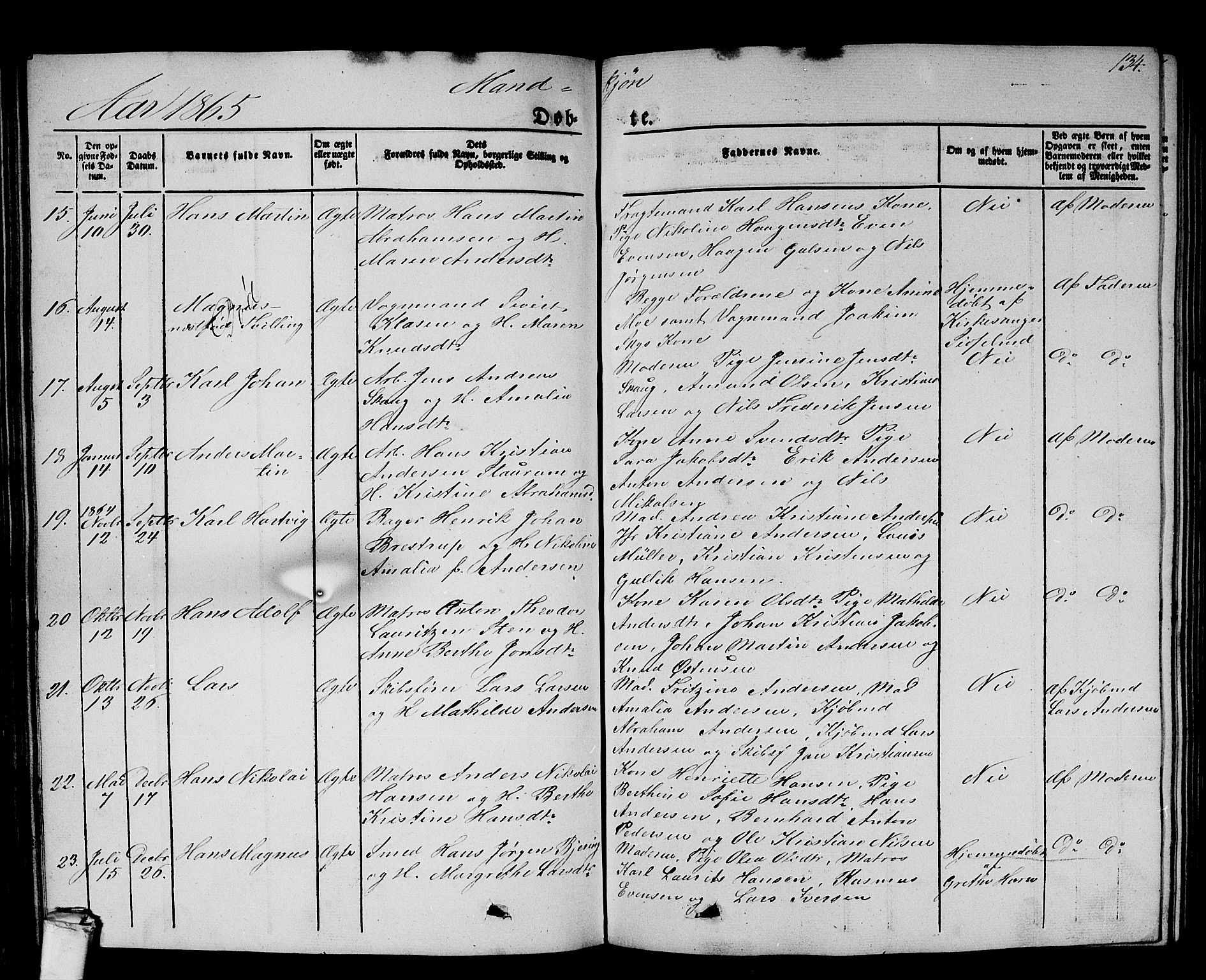 Larvik kirkebøker, AV/SAKO-A-352/G/Gb/L0002: Parish register (copy) no. II 2, 1843-1866, p. 134