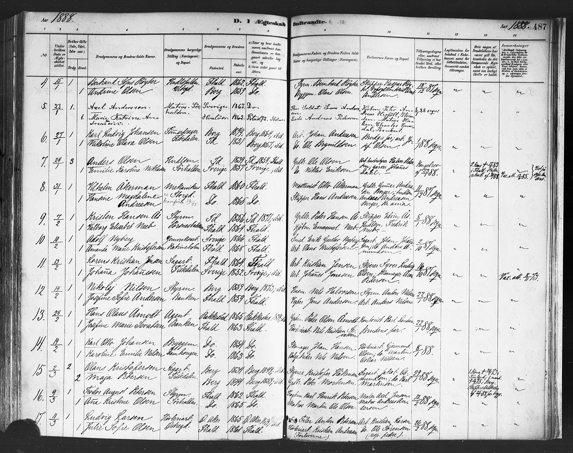 Halden prestekontor Kirkebøker, AV/SAO-A-10909/F/Fa/L0011: Parish register (official) no. I 11, 1878-1889, p. 487