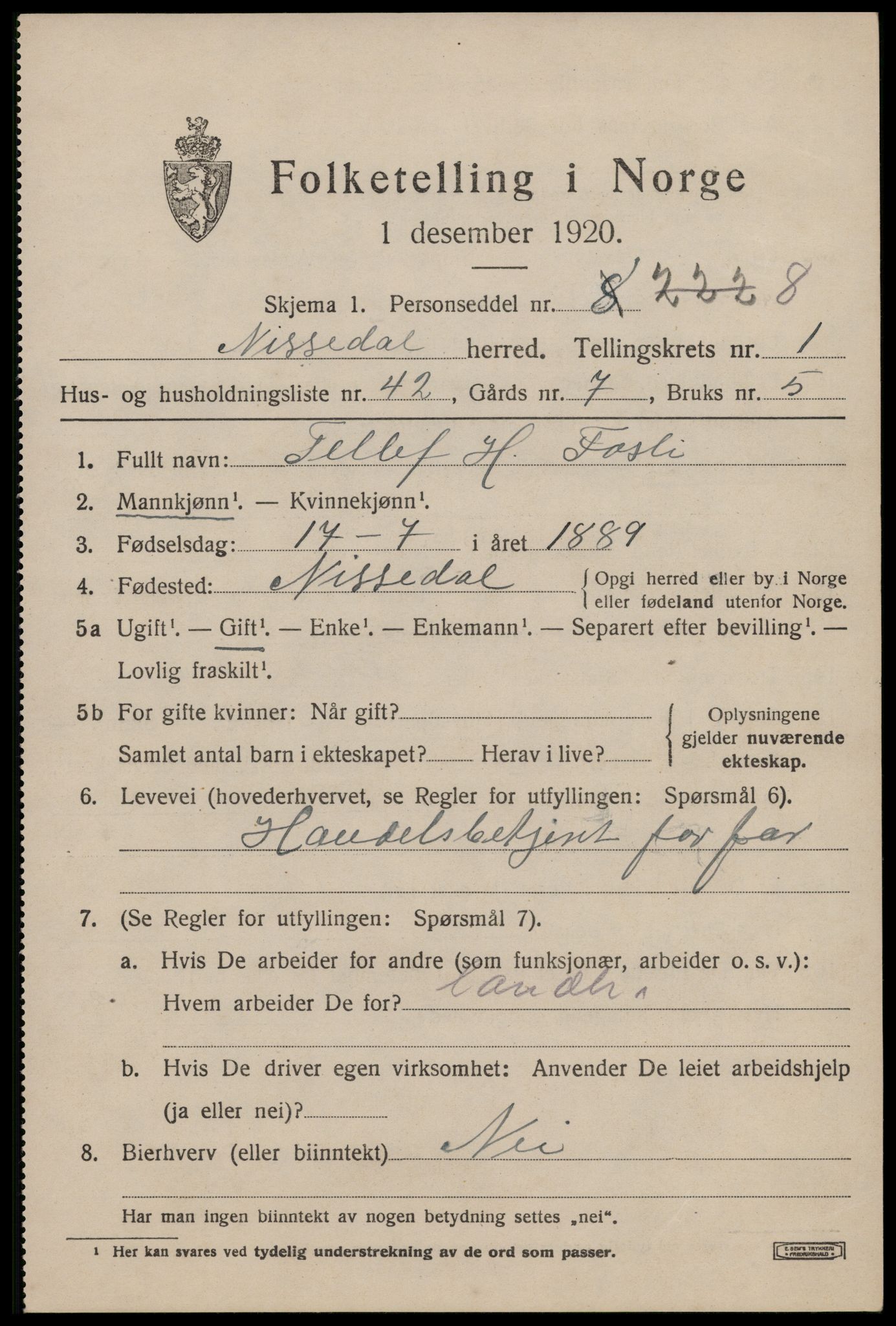 SAKO, 1920 census for Nissedal, 1920, p. 1277