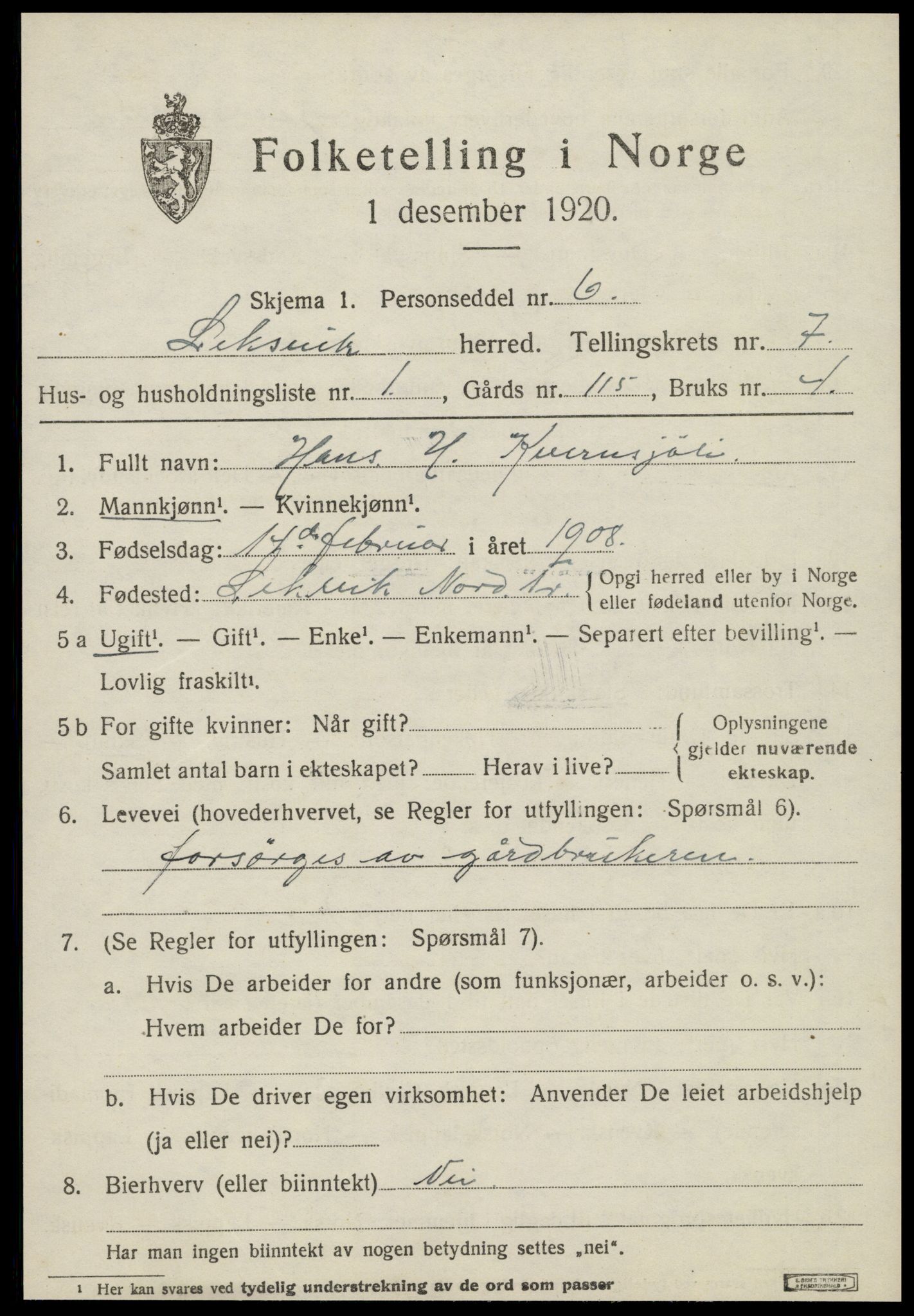 SAT, 1920 census for Leksvik, 1920, p. 6030