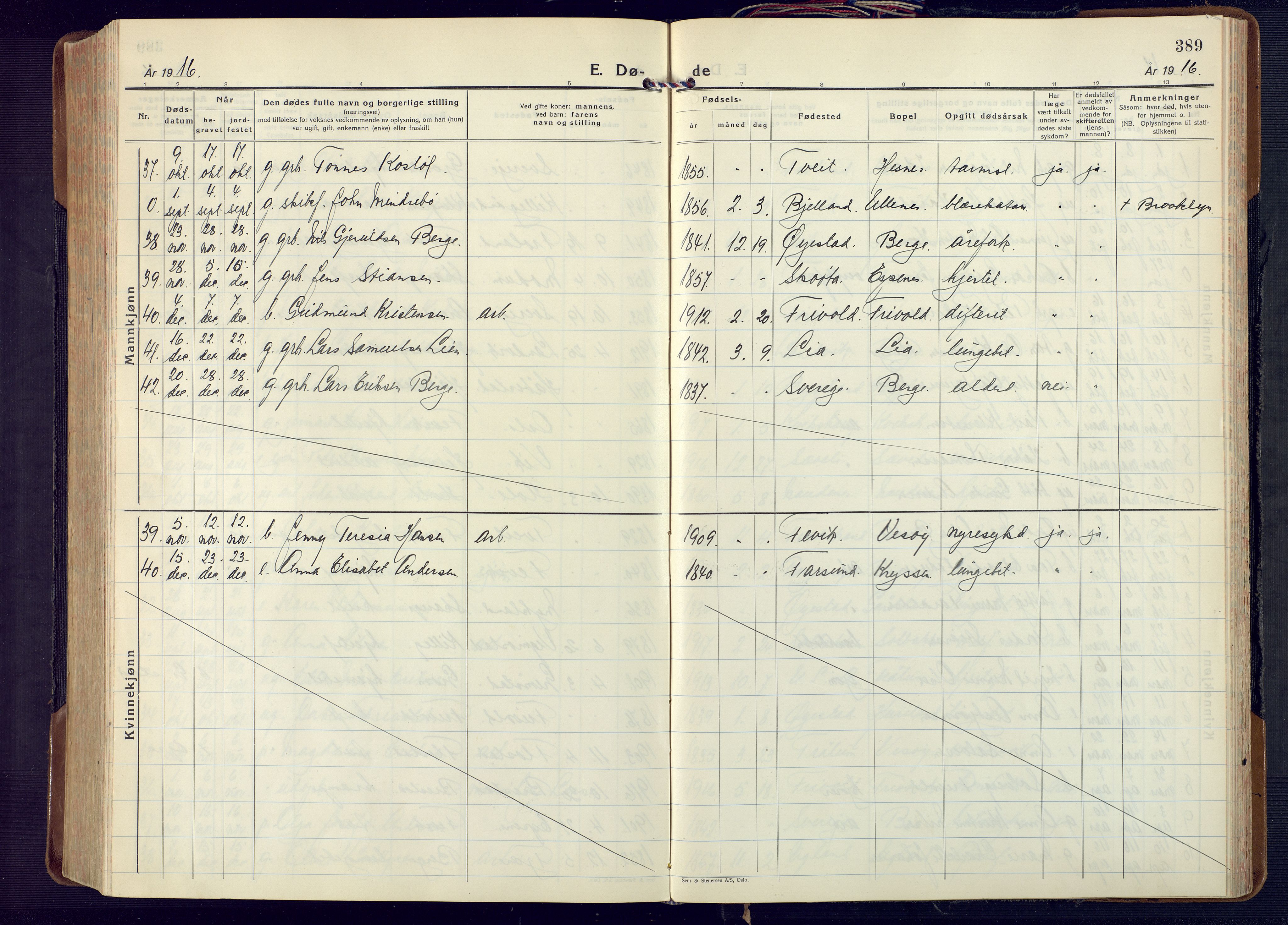 Fjære sokneprestkontor, AV/SAK-1111-0011/F/Fa/L0004: Parish register (official) no. A 4, 1902-1925, p. 389