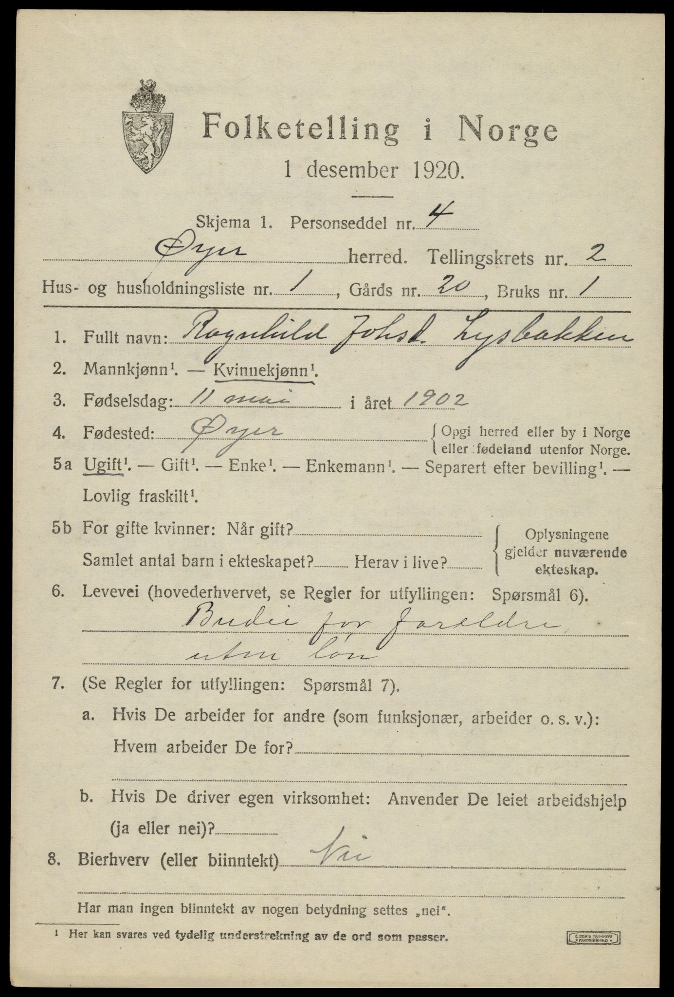 SAH, 1920 census for Øyer, 1920, p. 2135