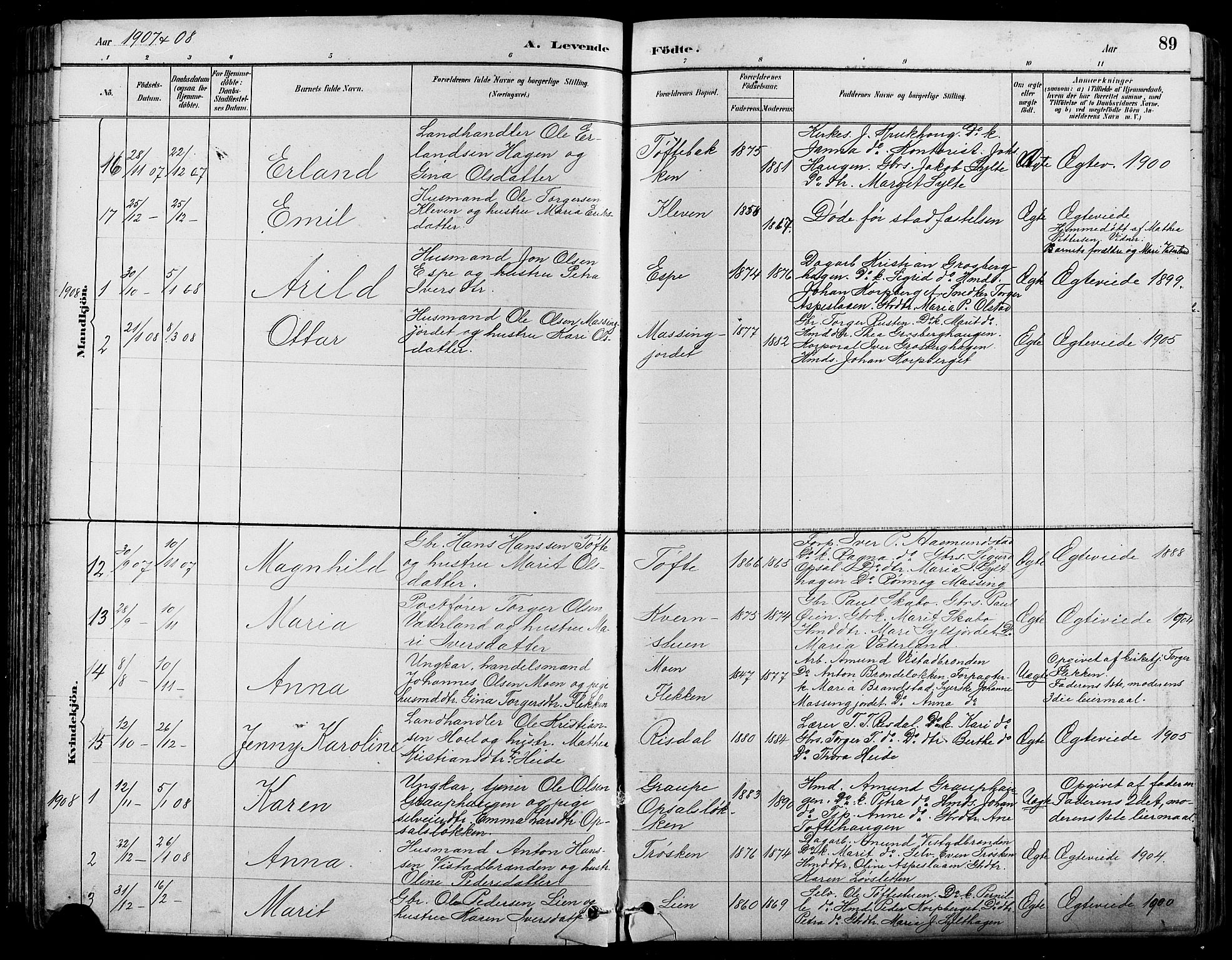 Nord-Fron prestekontor, SAH/PREST-080/H/Ha/Hab/L0005: Parish register (copy) no. 5, 1884-1914, p. 89