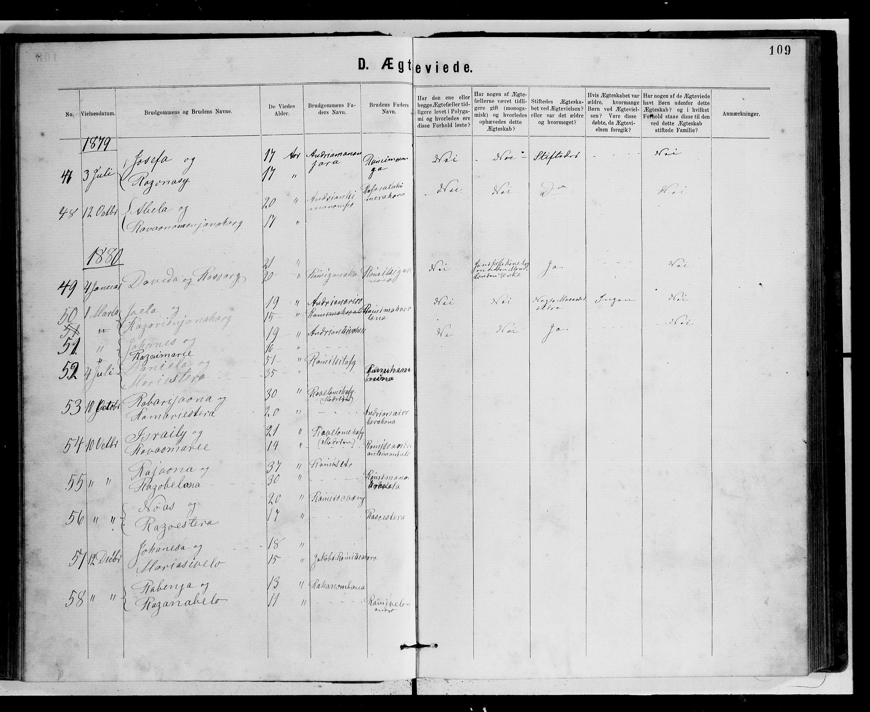 Archives FLM/NMS, Madagaskar, VID/MA-A-1163/D/Db/L0269: Parish register (official) no. 1, 1867-1884, p. 109