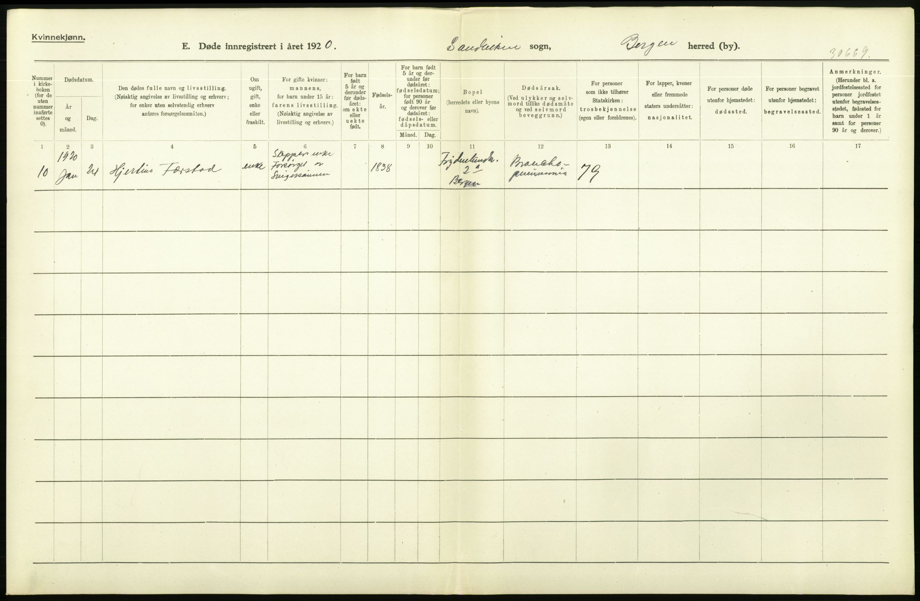 Statistisk sentralbyrå, Sosiodemografiske emner, Befolkning, AV/RA-S-2228/D/Df/Dfb/Dfbj/L0042: Bergen: Gifte, døde, dødfødte., 1920, p. 500