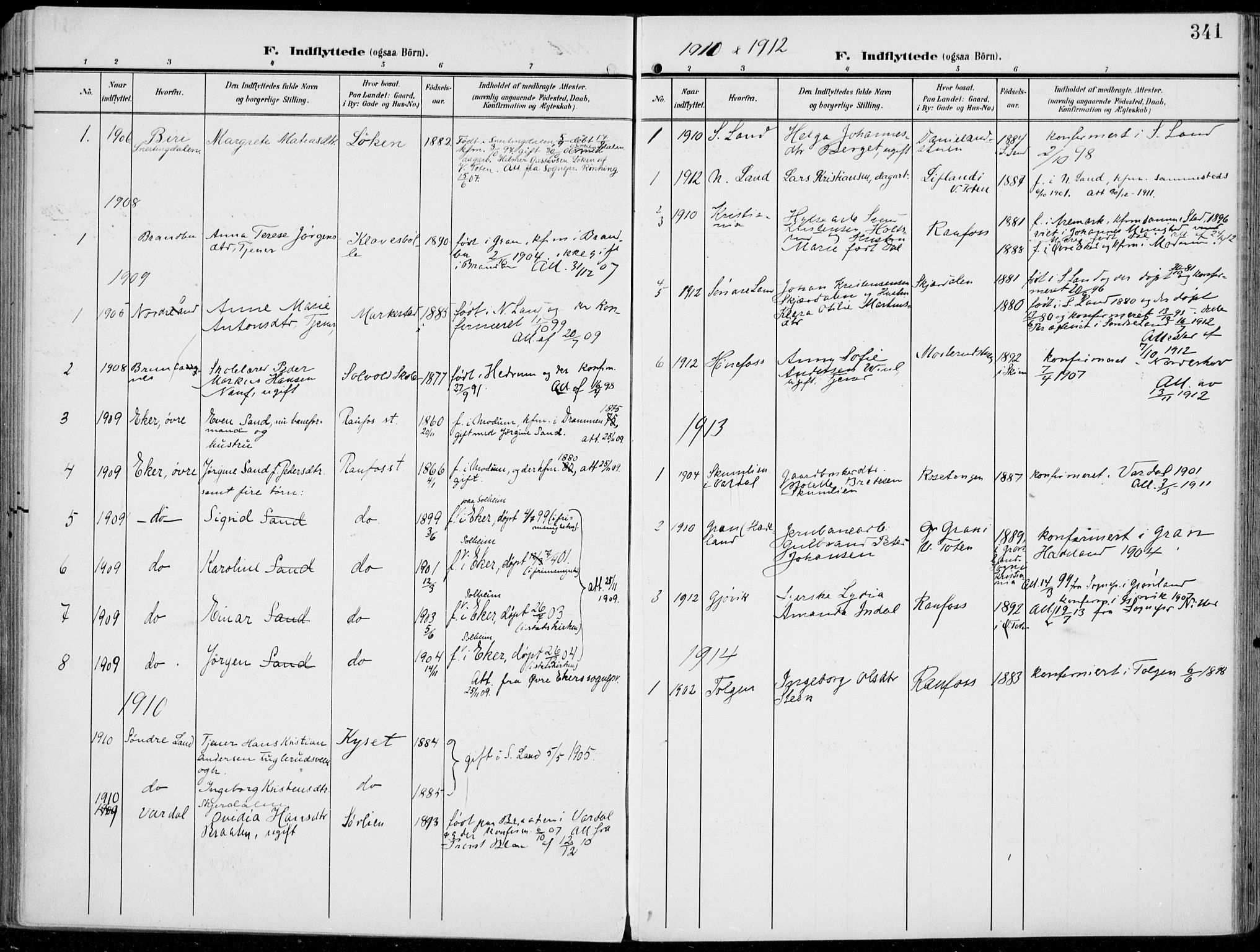 Vestre Toten prestekontor, SAH/PREST-108/H/Ha/Haa/L0014: Parish register (official) no. 14, 1907-1920, p. 341