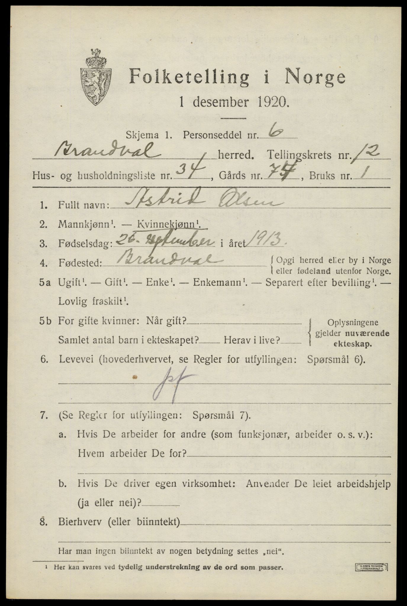 SAH, 1920 census for Brandval, 1920, p. 8830