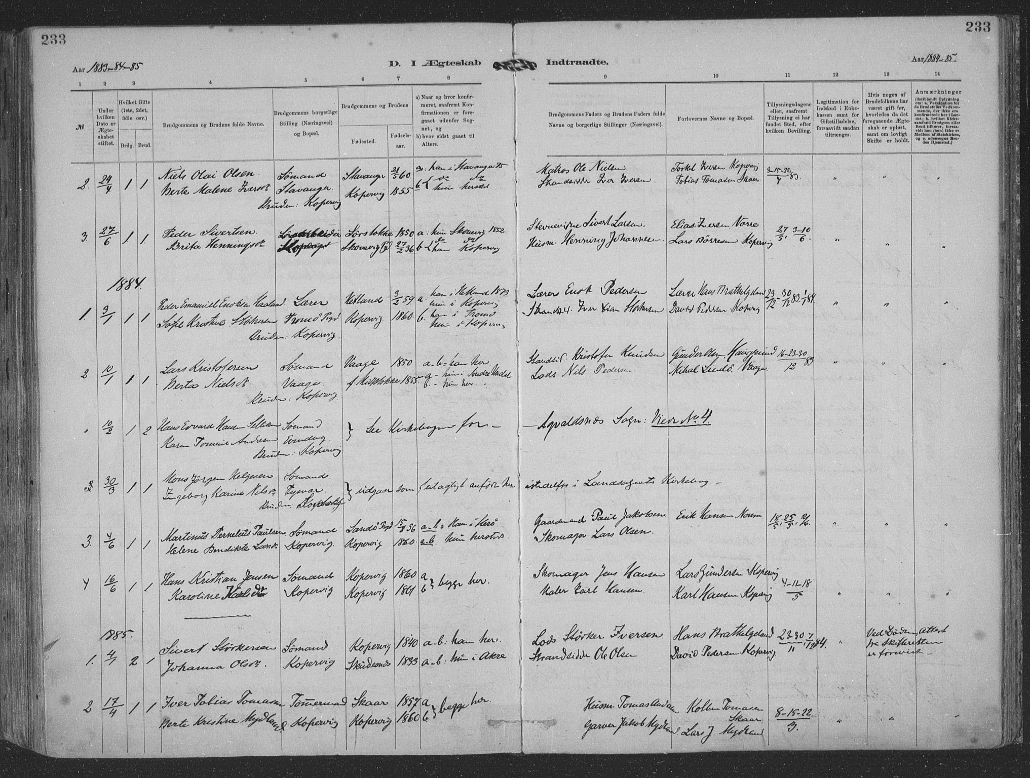 Kopervik sokneprestkontor, SAST/A-101850/H/Ha/Haa/L0001: Parish register (official) no. A 1, 1880-1919, p. 233