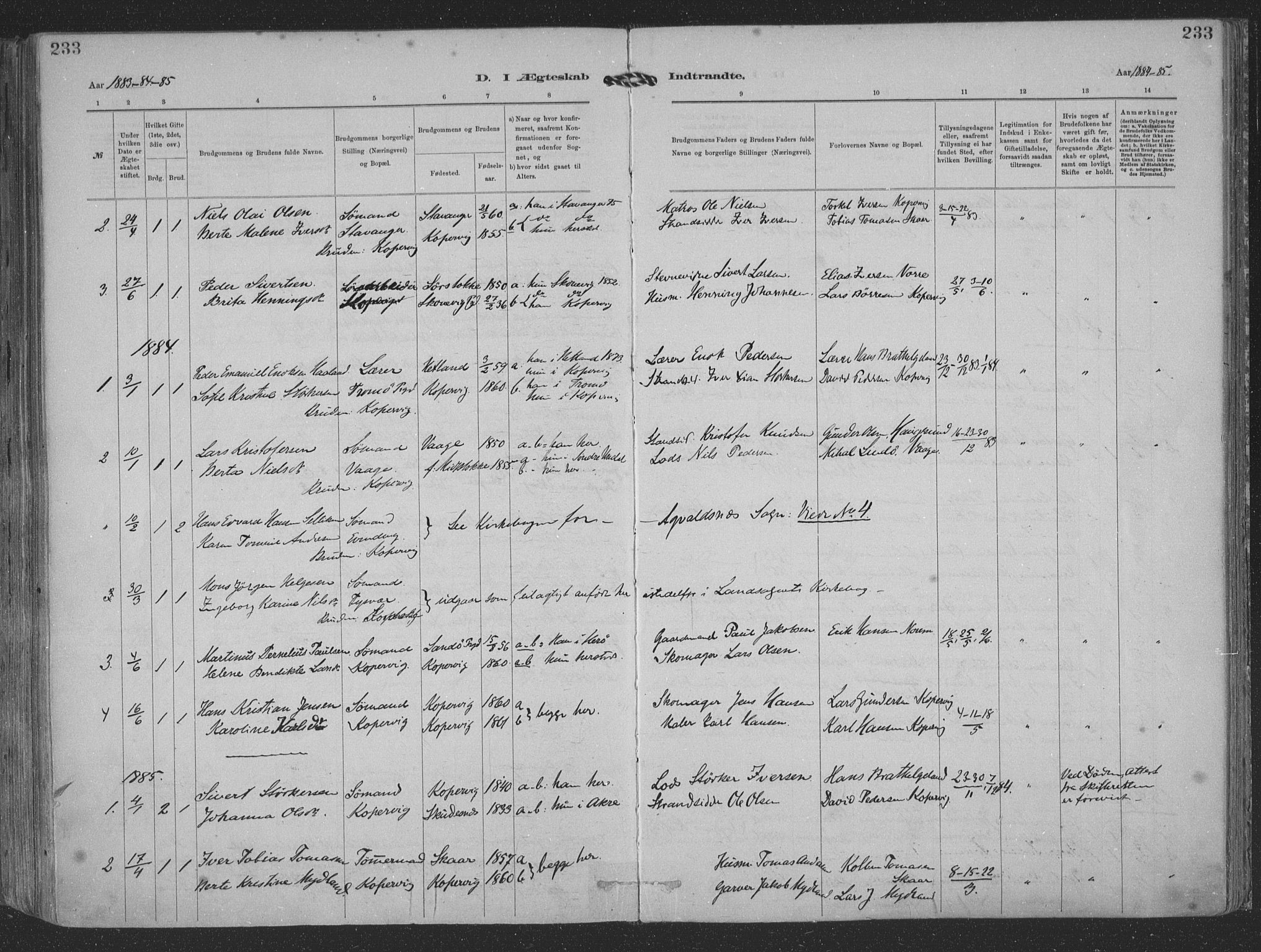 Kopervik sokneprestkontor, AV/SAST-A-101850/H/Ha/Haa/L0001: Parish register (official) no. A 1, 1880-1919, p. 233