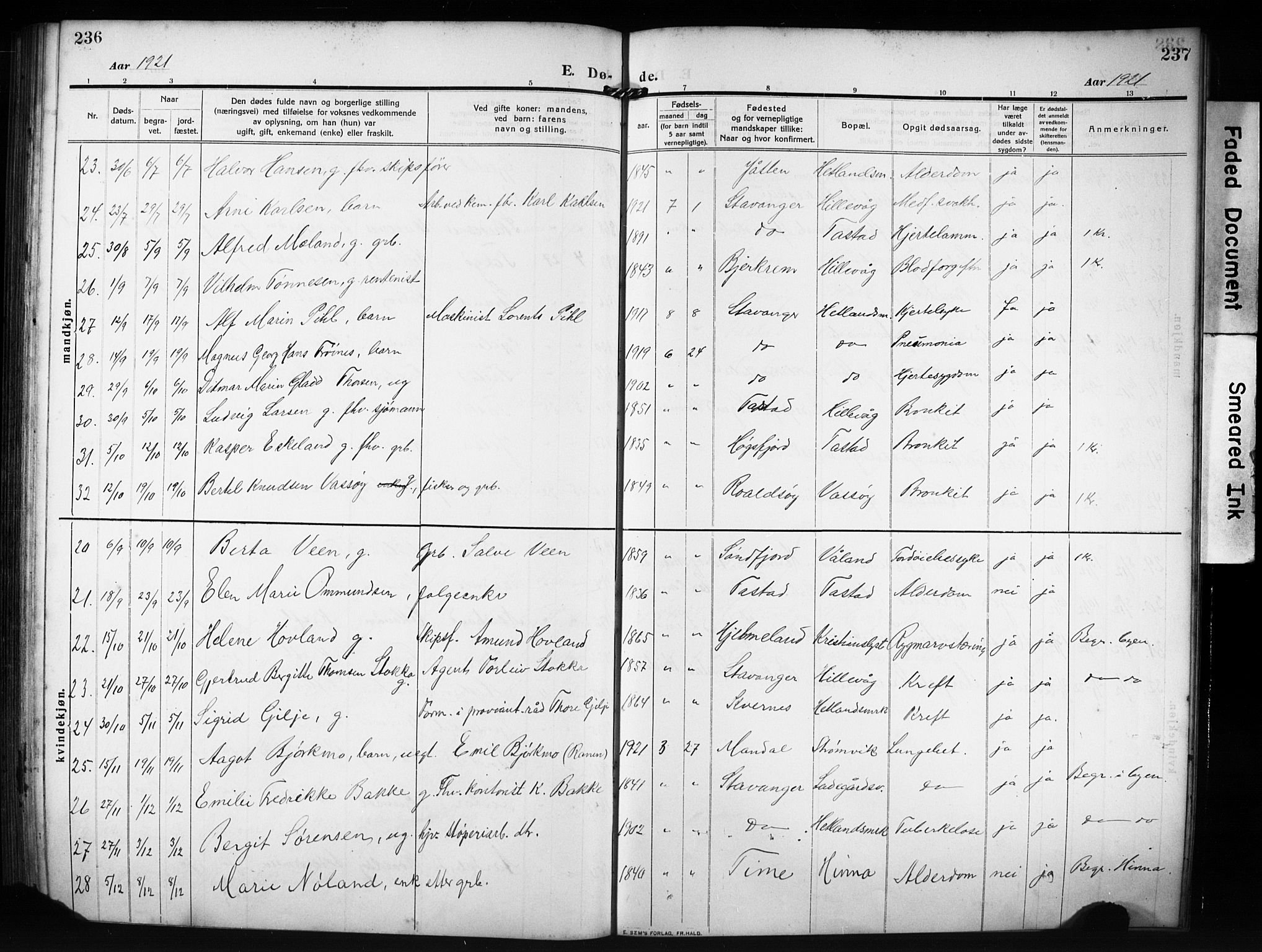 Hetland sokneprestkontor, SAST/A-101826/30/30BB/L0009: Parish register (copy) no. B 9, 1910-1931, p. 236-237