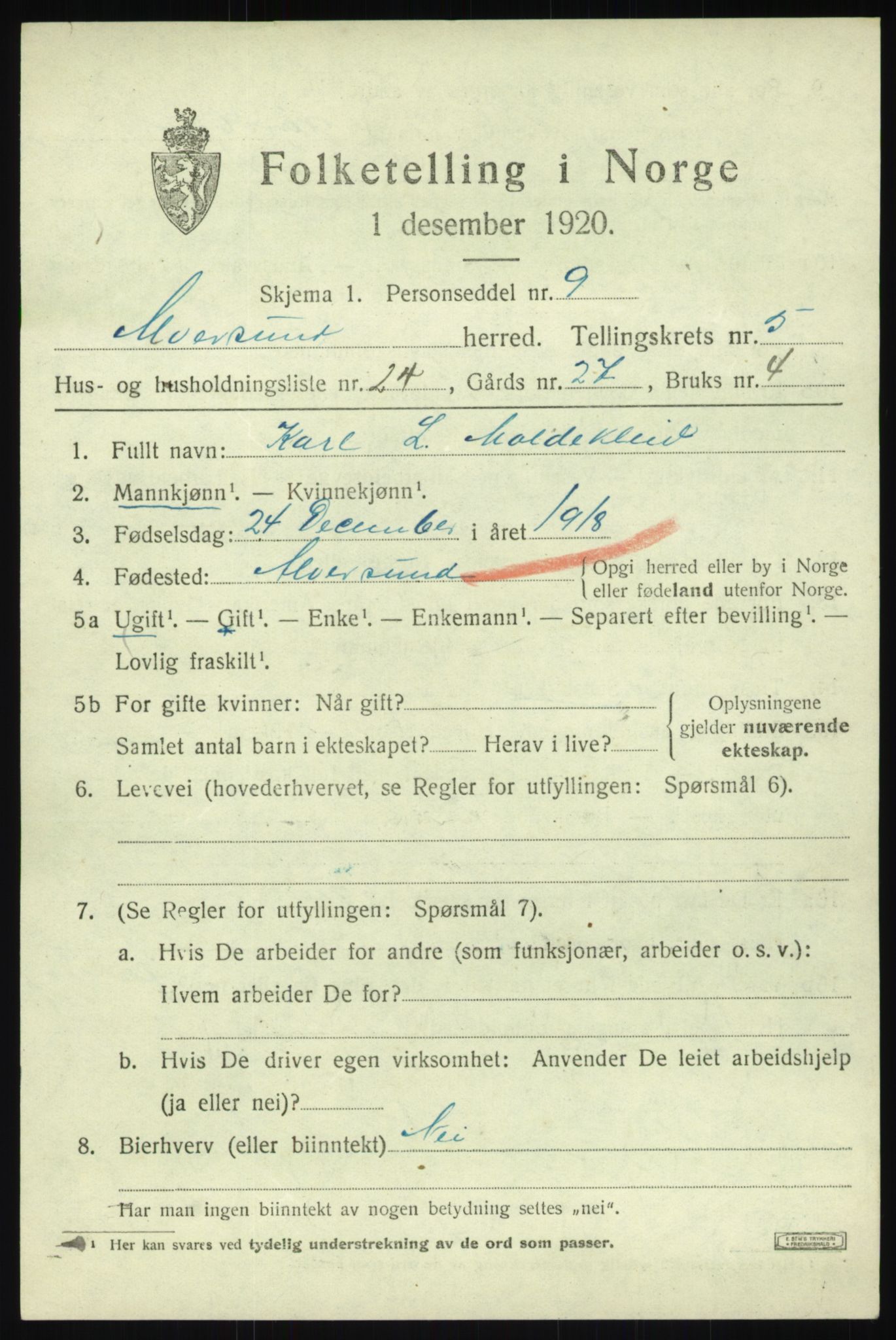 SAB, 1920 census for Alversund, 1920, p. 4310