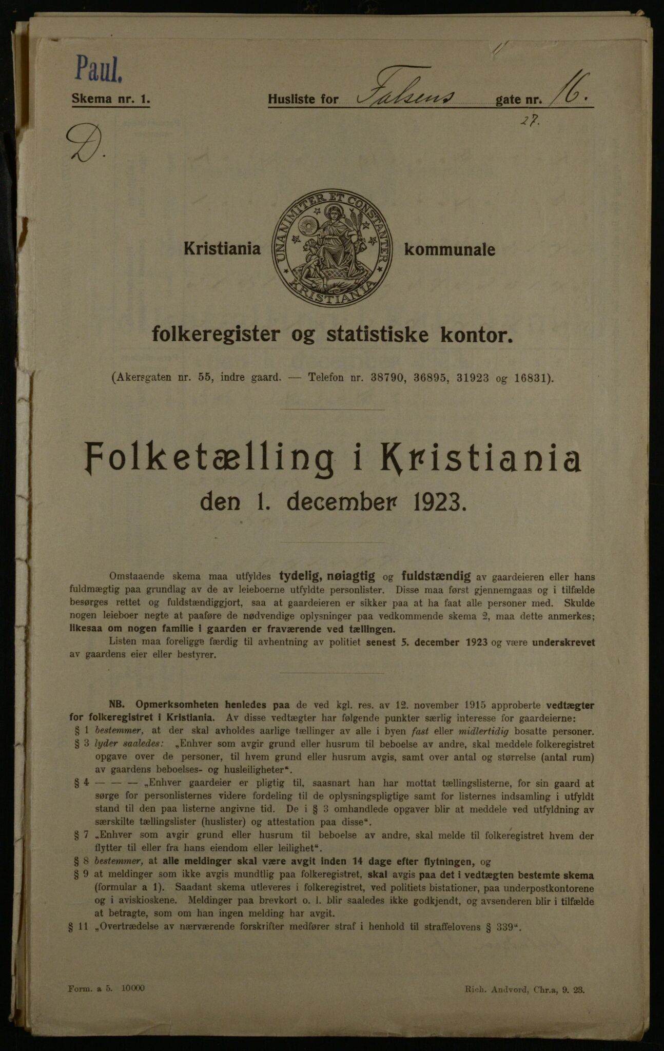 OBA, Municipal Census 1923 for Kristiania, 1923, p. 26240