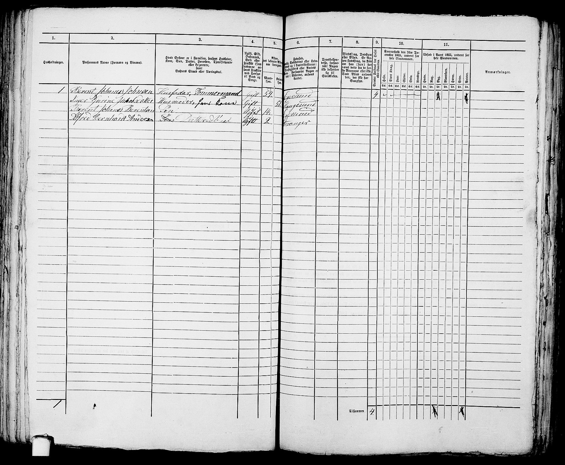 RA, 1865 census for Eigersund parish, Egersund town, 1865, p. 212