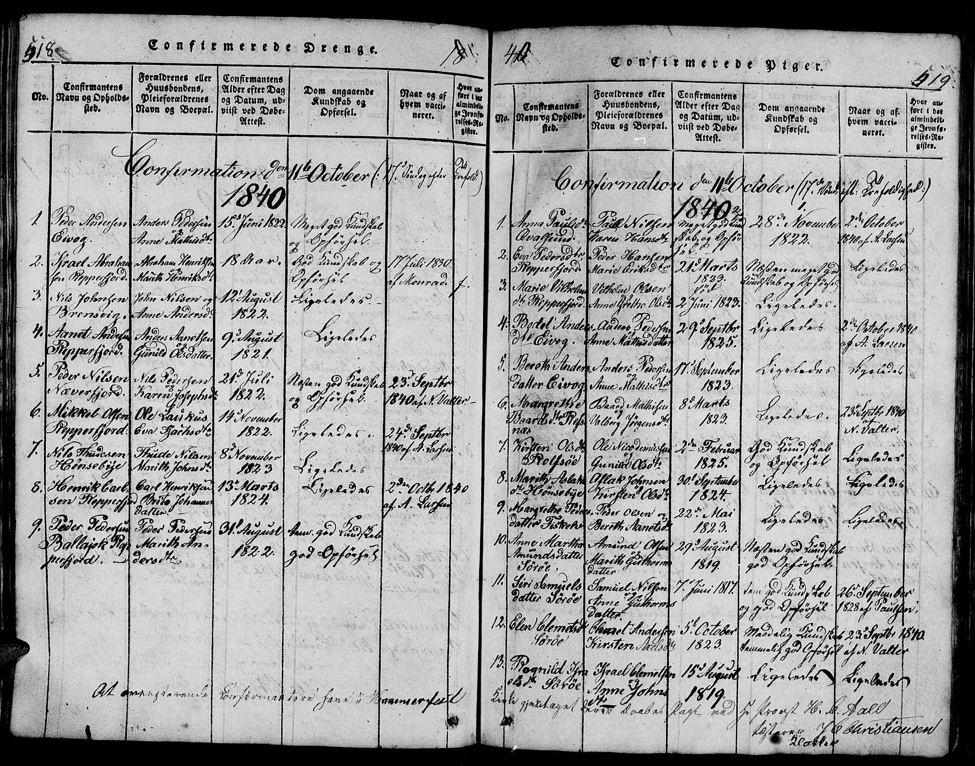 Hammerfest sokneprestkontor, AV/SATØ-S-1347/H/Hb/L0001.klokk: Parish register (copy) no. 1, 1822-1850, p. 518-519