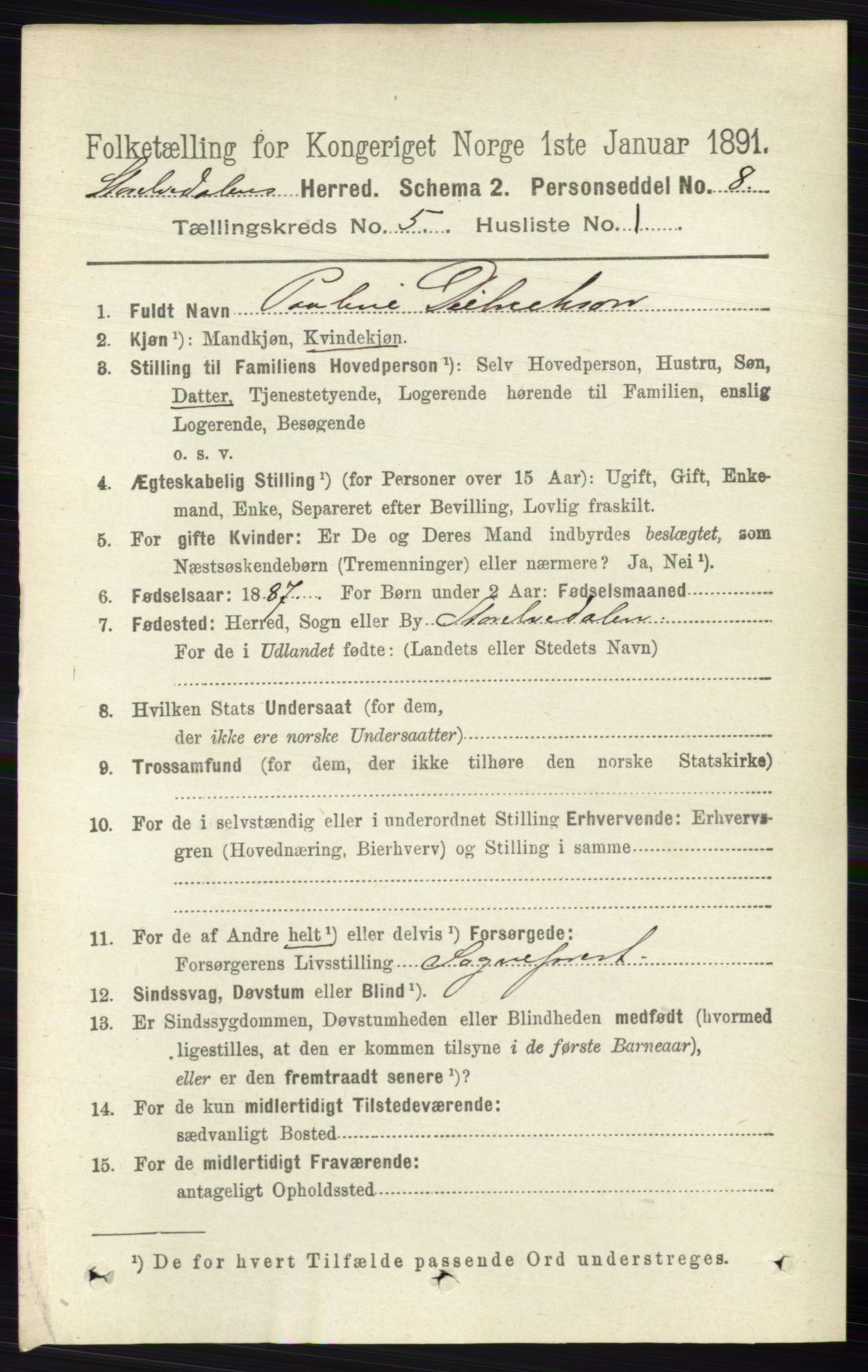 RA, 1891 census for 0430 Stor-Elvdal, 1891, p. 1721
