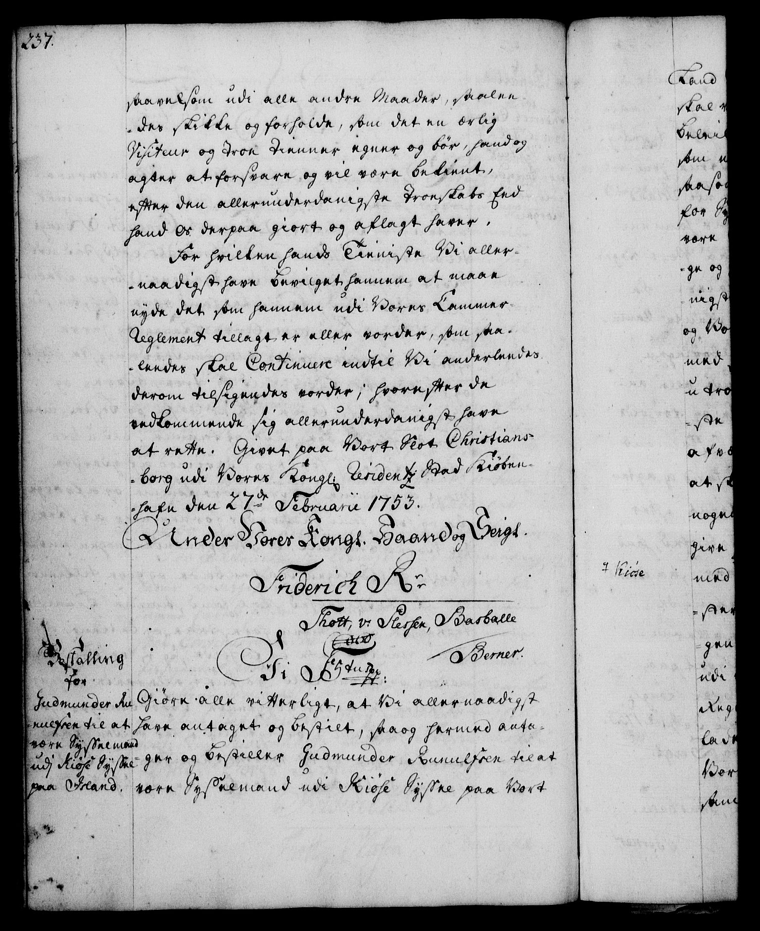 Rentekammeret, Kammerkanselliet, RA/EA-3111/G/Gg/Gge/L0003: Norsk bestallingsprotokoll med register (merket RK 53.27), 1745-1761, p. 237