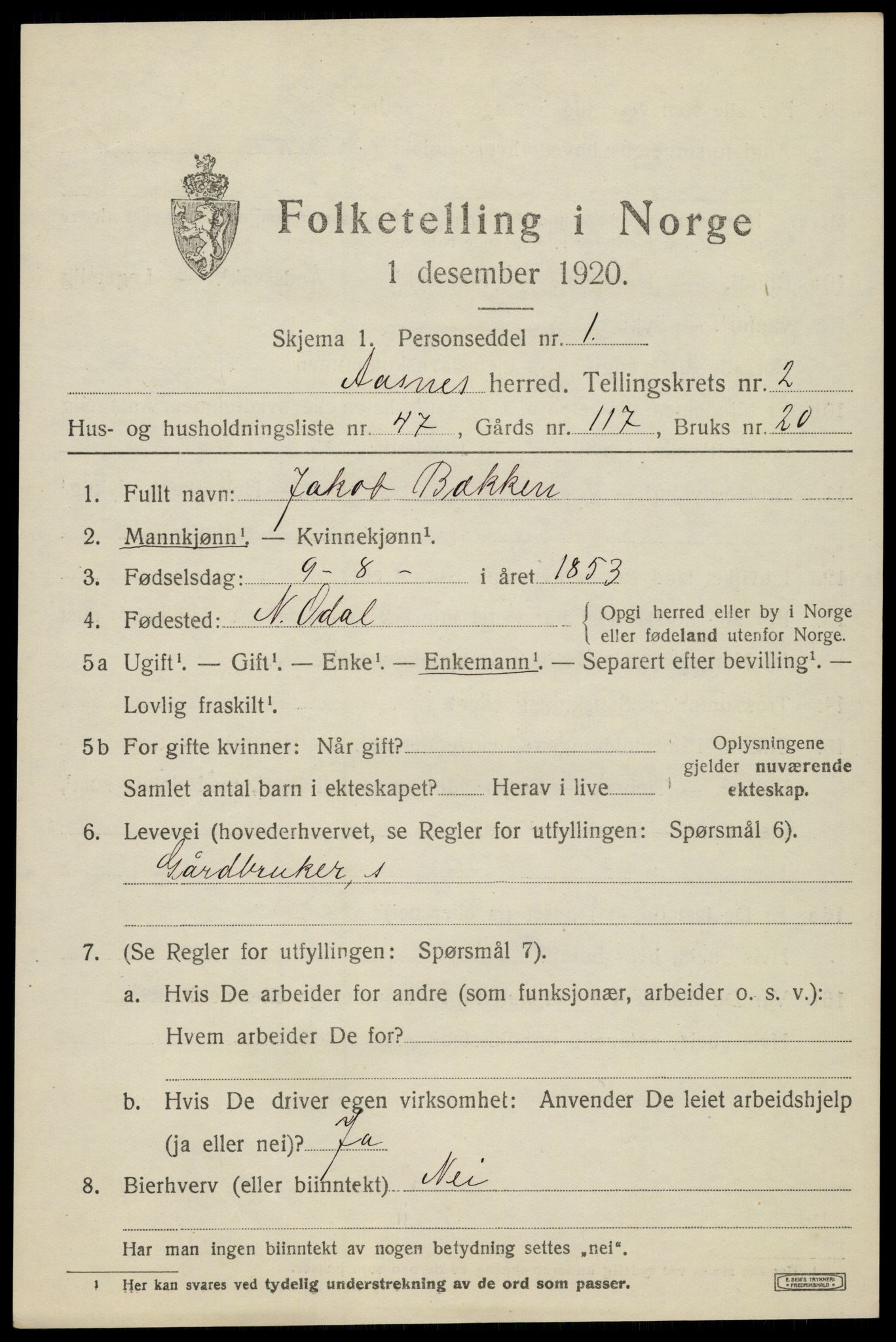 SAH, 1920 census for Åsnes, 1920, p. 3388