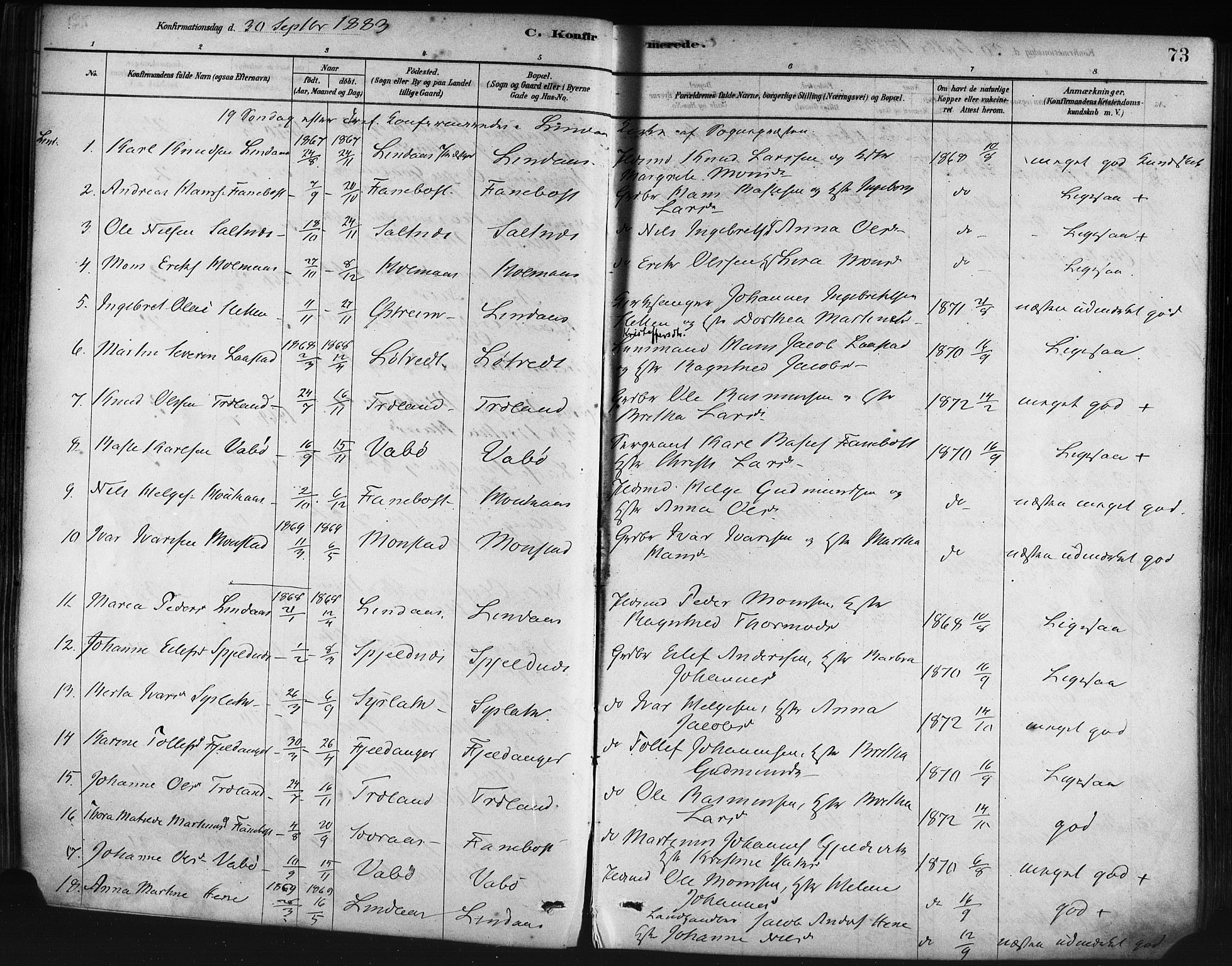 Lindås Sokneprestembete, AV/SAB-A-76701/H/Haa/Haaa/L0019: Parish register (official) no. A 19, 1878-1912, p. 73