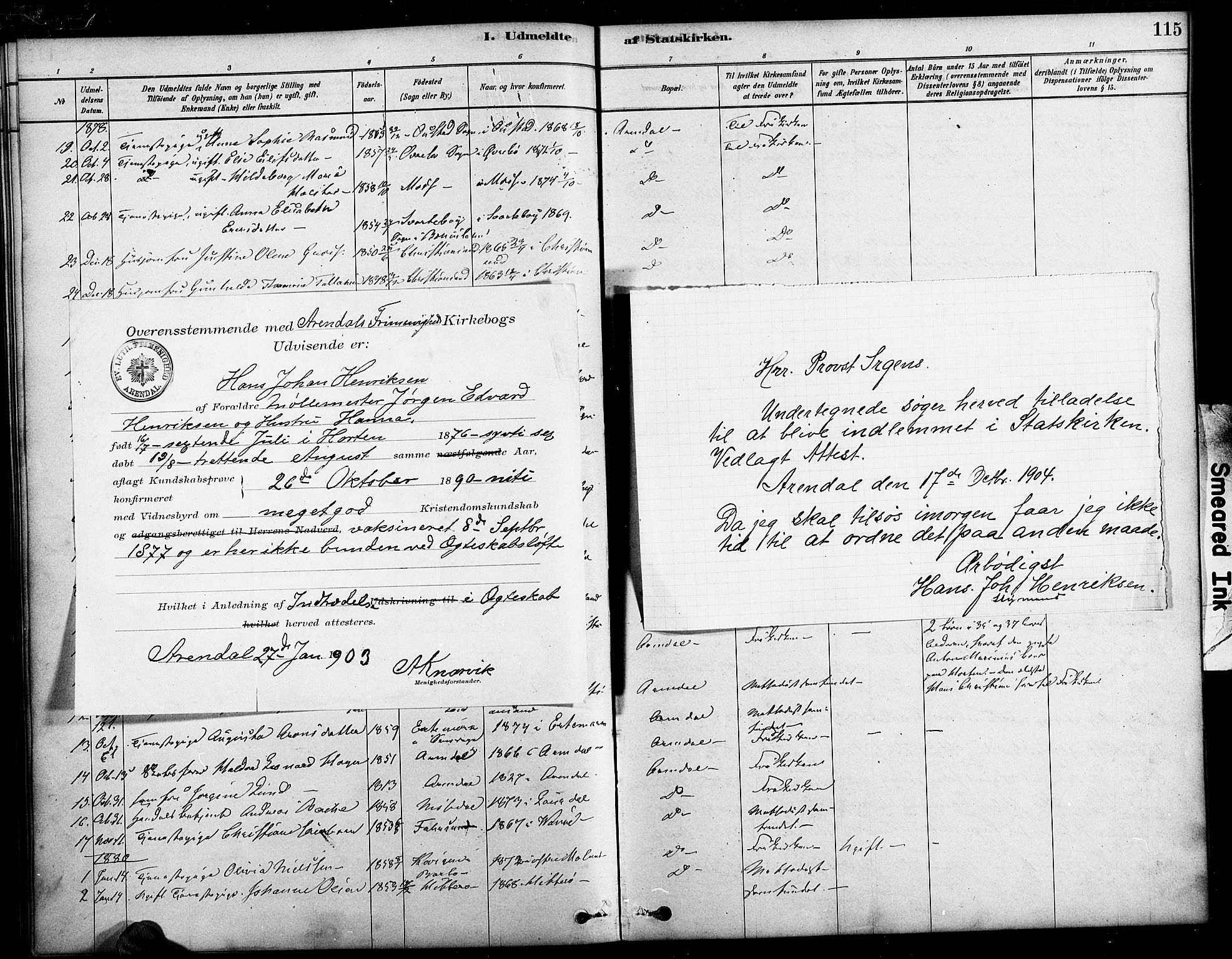 Arendal sokneprestkontor, Trefoldighet, SAK/1111-0040/F/Fa/L0009: Parish register (official) no. A 9, 1878-1919, p. 115