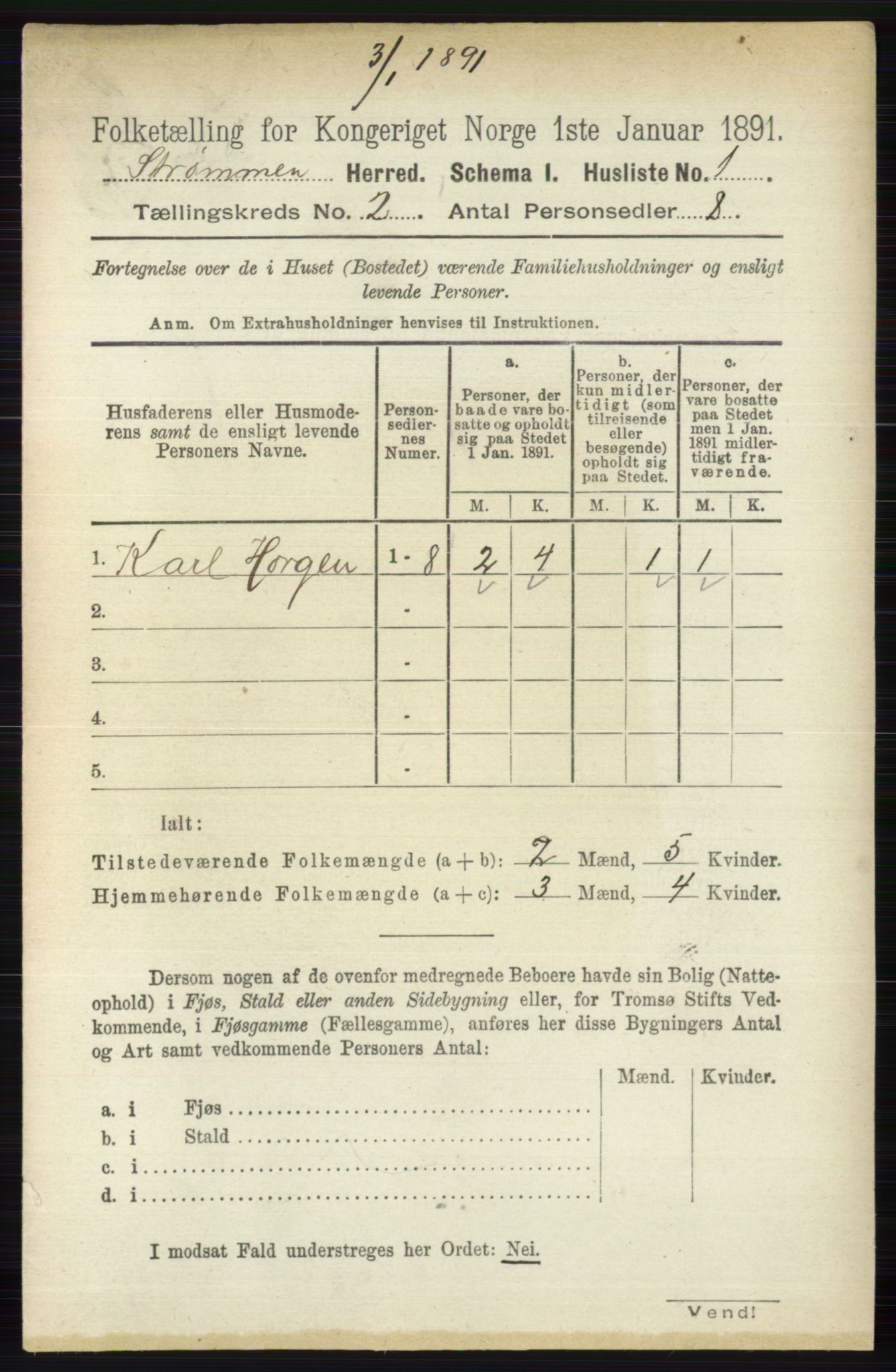 RA, 1891 census for 0711 Strømm, 1891, p. 647