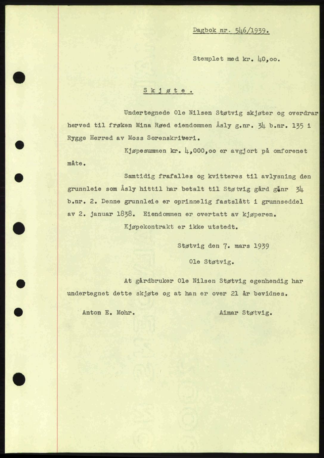 Moss sorenskriveri, SAO/A-10168: Mortgage book no. A5, 1938-1939, Diary no: : 546/1939
