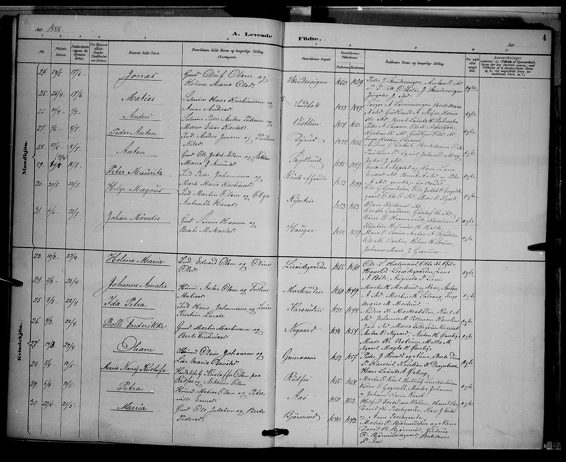 Vestre Toten prestekontor, AV/SAH-PREST-108/H/Ha/Hab/L0009: Parish register (copy) no. 9, 1888-1900, p. 4