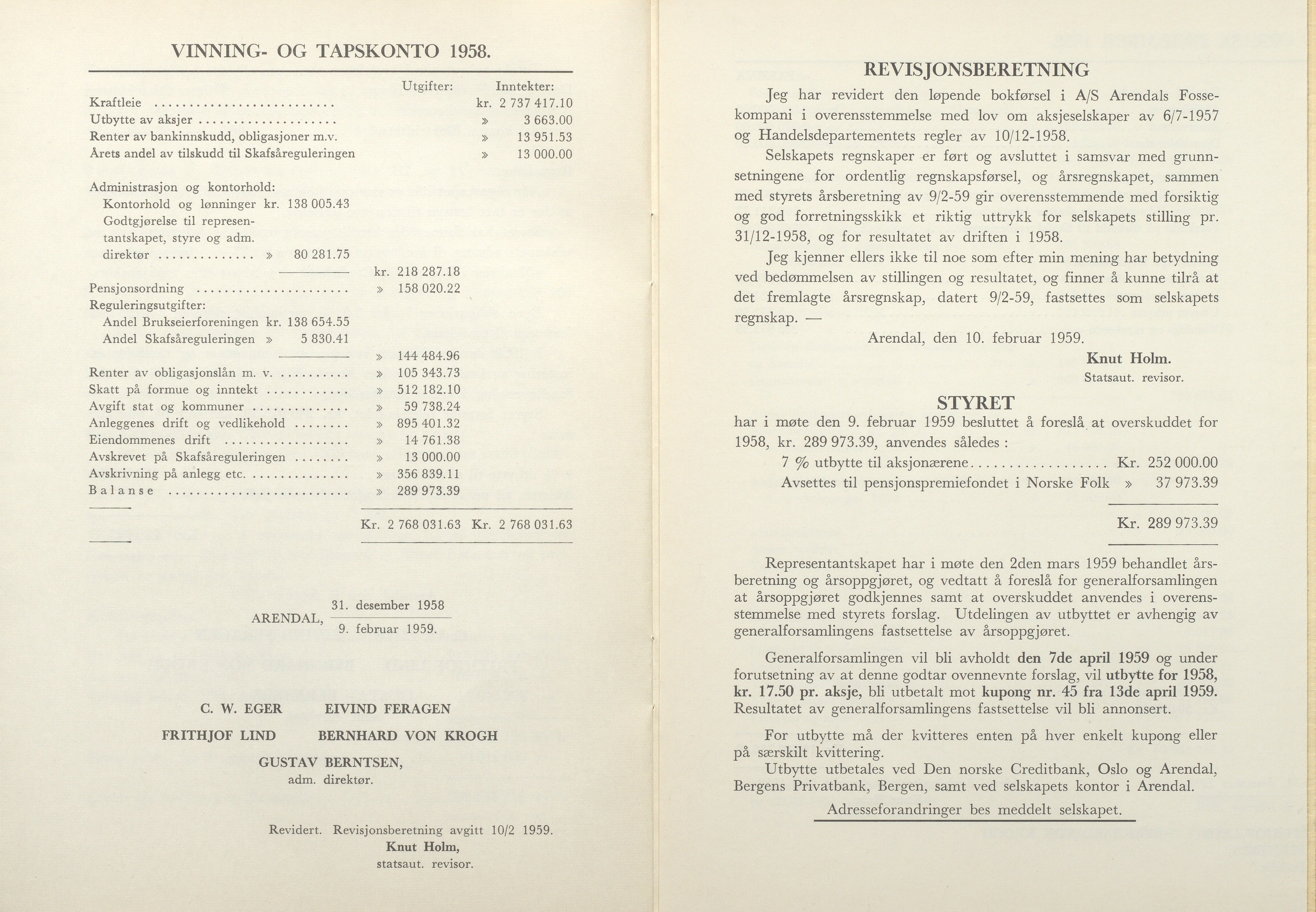 Arendals Fossekompani, AAKS/PA-2413/X/X01/L0001/0012: Beretninger, regnskap, balansekonto, gevinst- og tapskonto / Beretning, regnskap 1945 - 1962, 1945-1962, p. 83